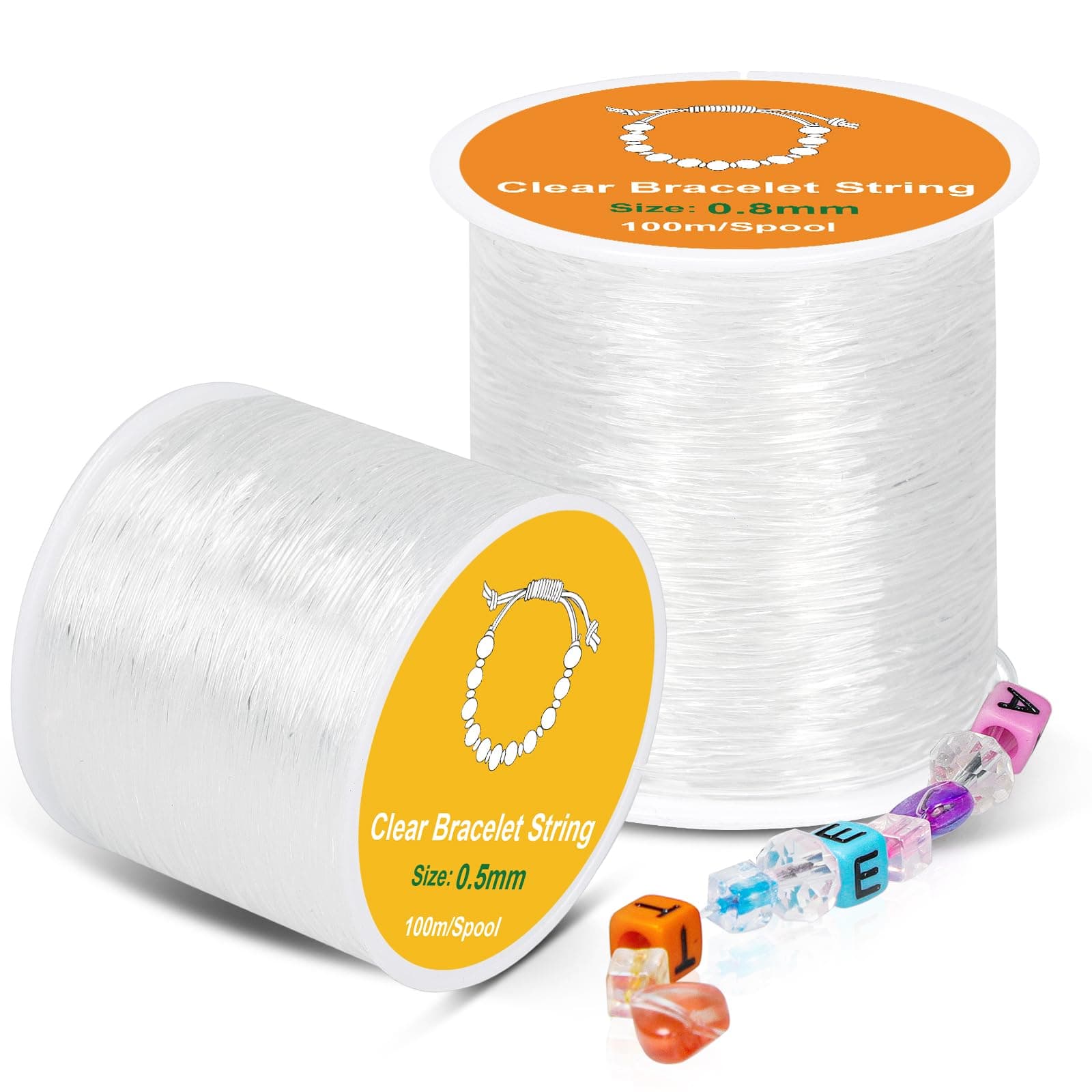 Alyvisun Clear Bracelet String, 2 Rolls 0.5mm, 0.8mm Elastic String for Bracelets, Suitable for DIY Jewellery Making, Necklace,Bracelet, Craft (100m/Spool)
