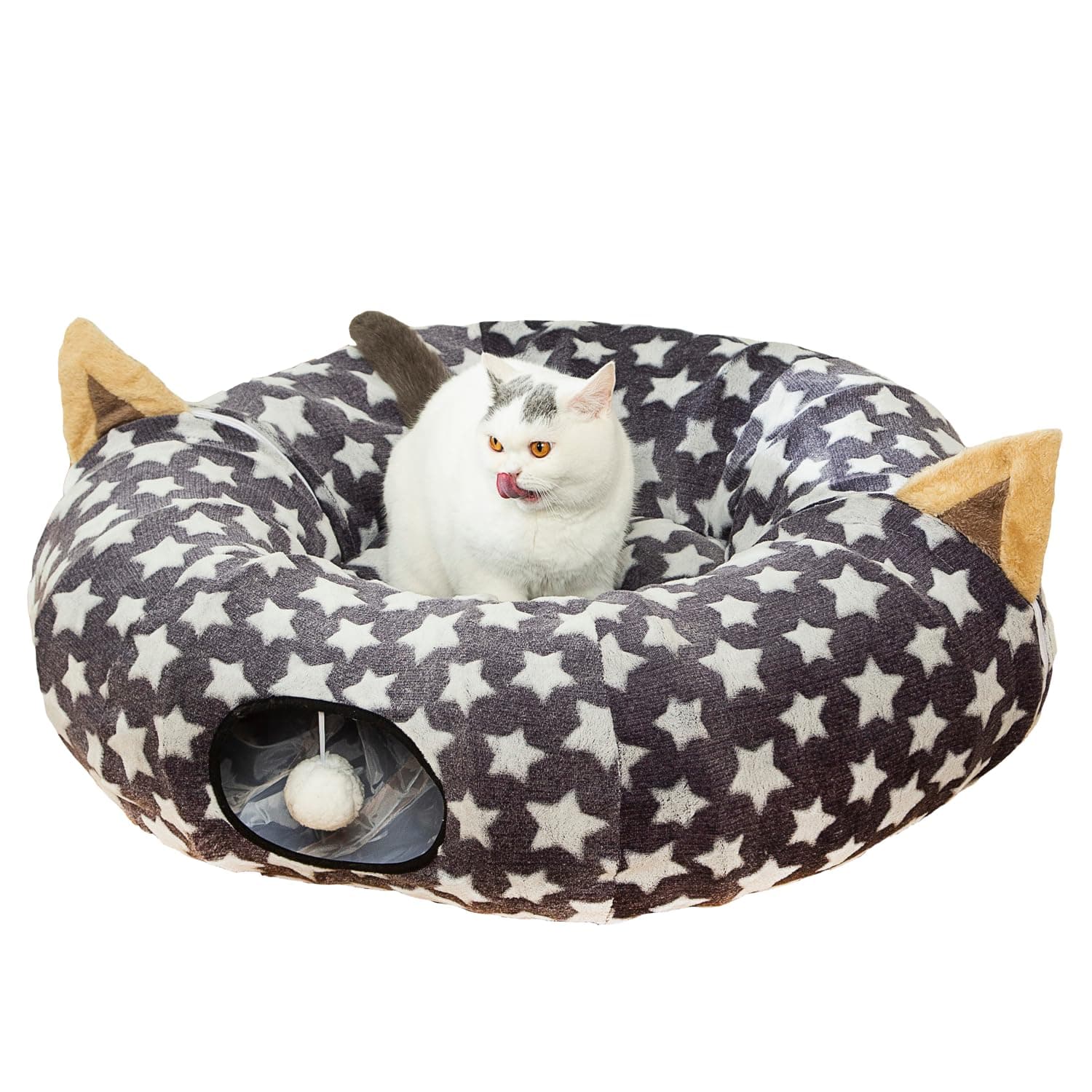 LUCKITTY Large Cat Tunnel Bed Under Christmas Tree with Fluffy Toy Balls, Small Cushion and Flexible Design- 10 inch Diameter, 3 ft Length- Great for Cats, and Small Dogs, Gray Star Pattern