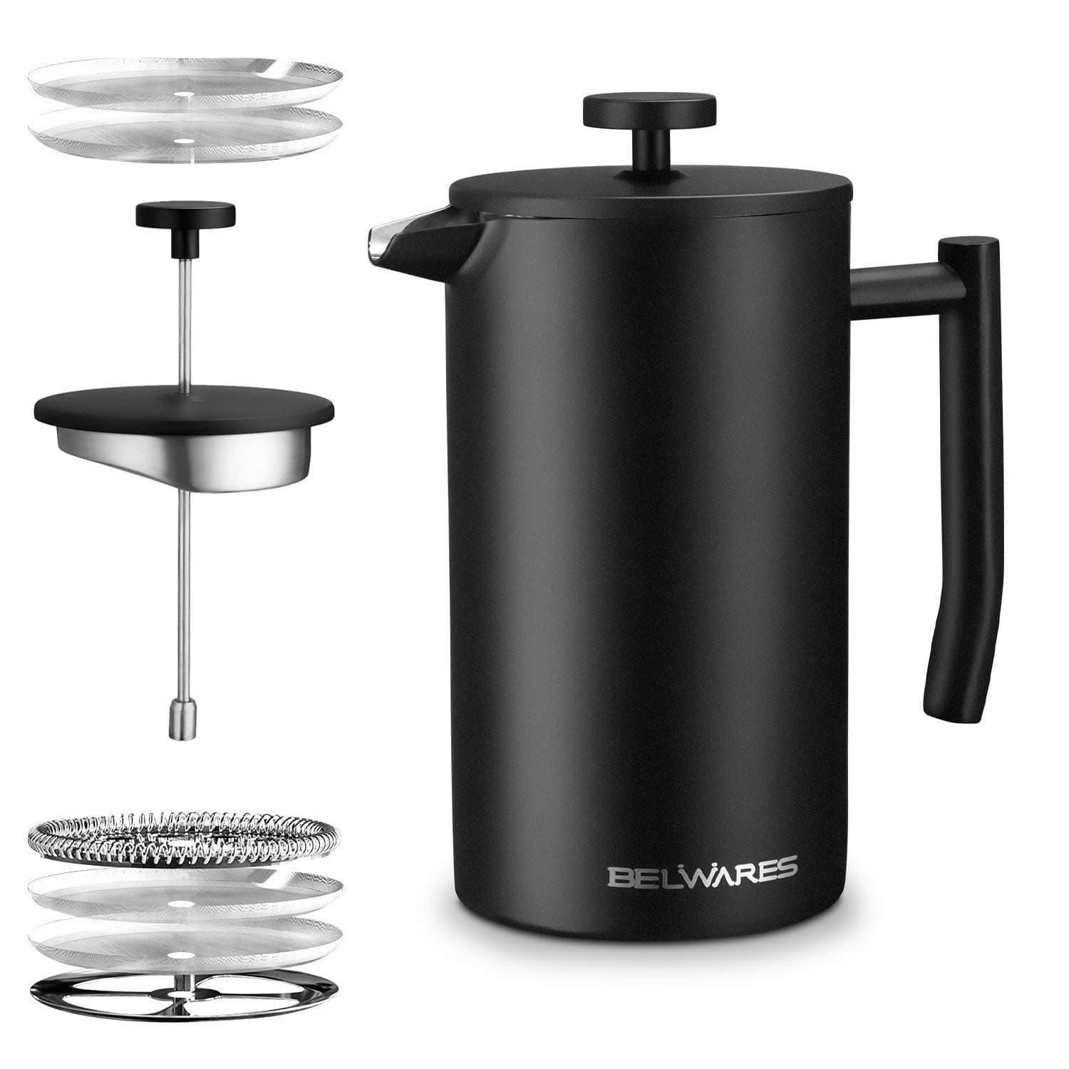 Black Stainless Steel Coffee Press Maker with Double Wall and Extra Filters for A Richer and Fuller Coffee Flavor (34oz)