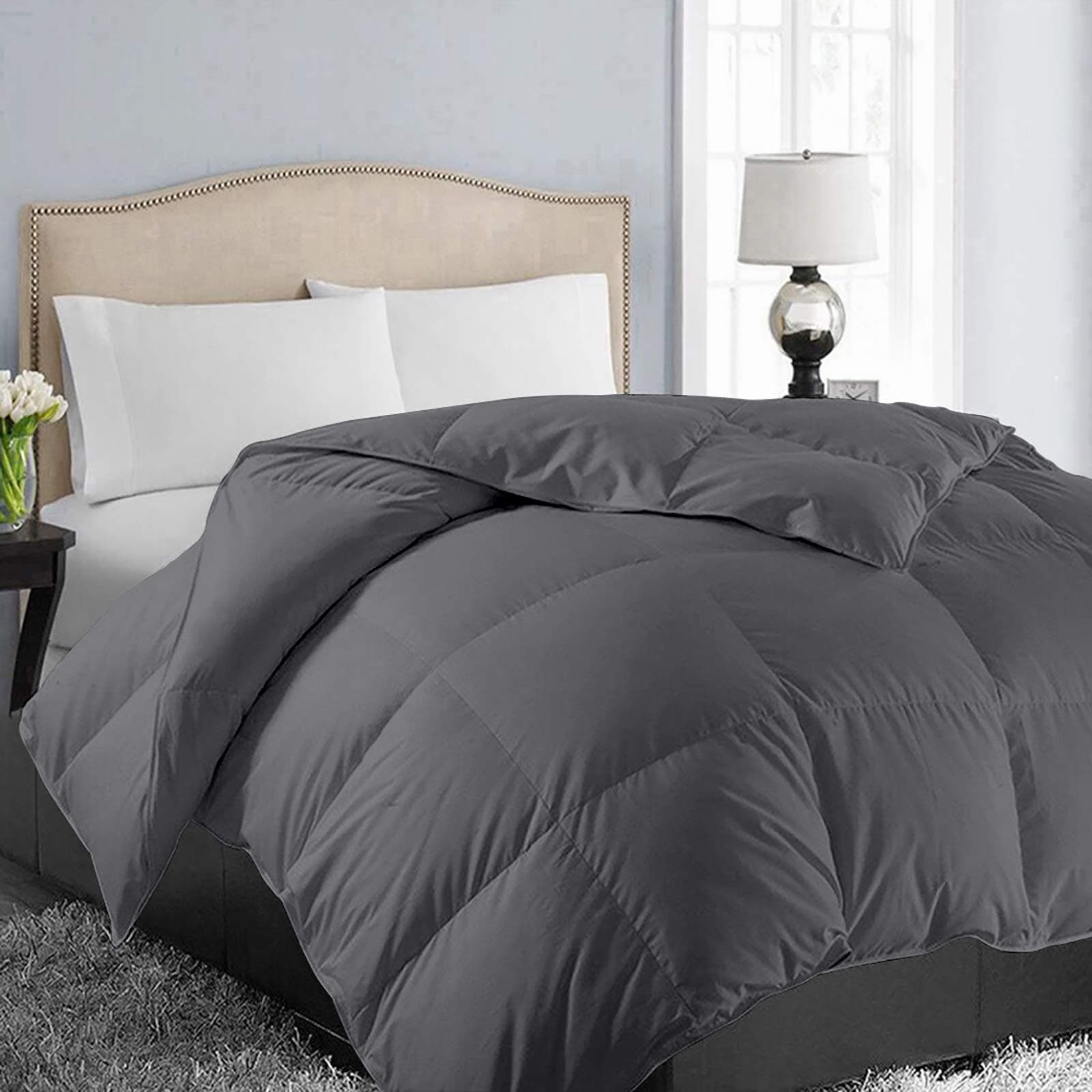 EASELAND Queen Size Down Alternative Comforter - Quilted Duvet Insert for All Seasons, Soft Lightweight with Corner Tabs, Summer Winter Warm Bedding, Dark Grey 88×88 Inches