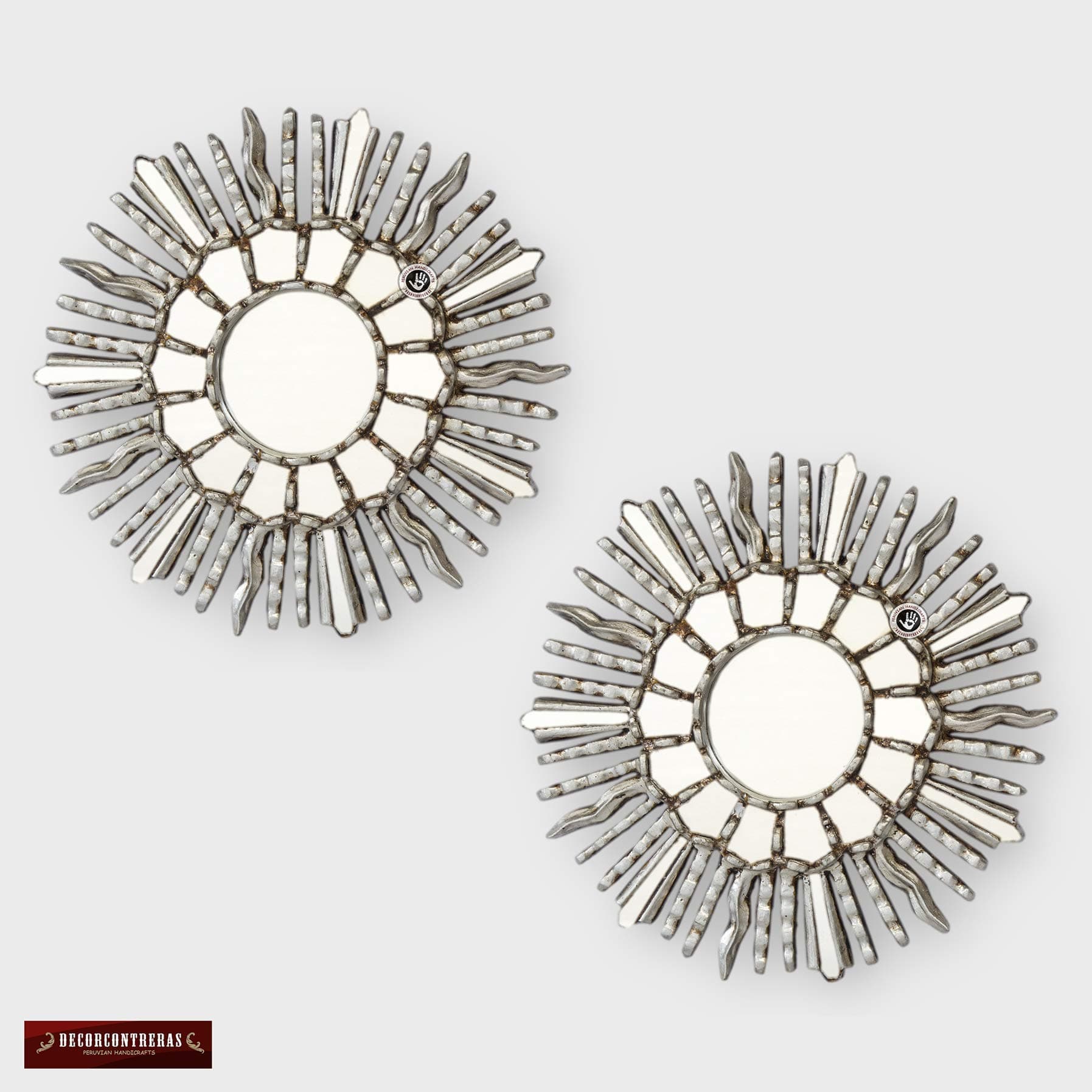 Small Sunburst Wall Mirrors 11.8", Round Accent Mirror set 2 for home, Round Mirror for Wall Decor, Peruvian Hand carved wood Decorative Mirror Wall, Silver rays'