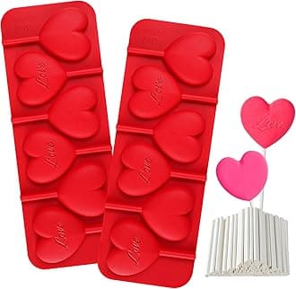 Webake Heart Lollipop Molds 6 Holes Heart Shaped Chocolate Candy Sucker Molds with Lollipop Sticks, Great for Chocolate, Candy, Cake Pop, Cake Decorations, Pack of 2