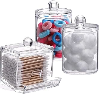 Tbestmax Plastic Qtips Holder Bathroom Container, 10/7 OZ Cotton Ball/Swabs Dispenser, Apothecary Jar Organizer for Storage 3 Pcs