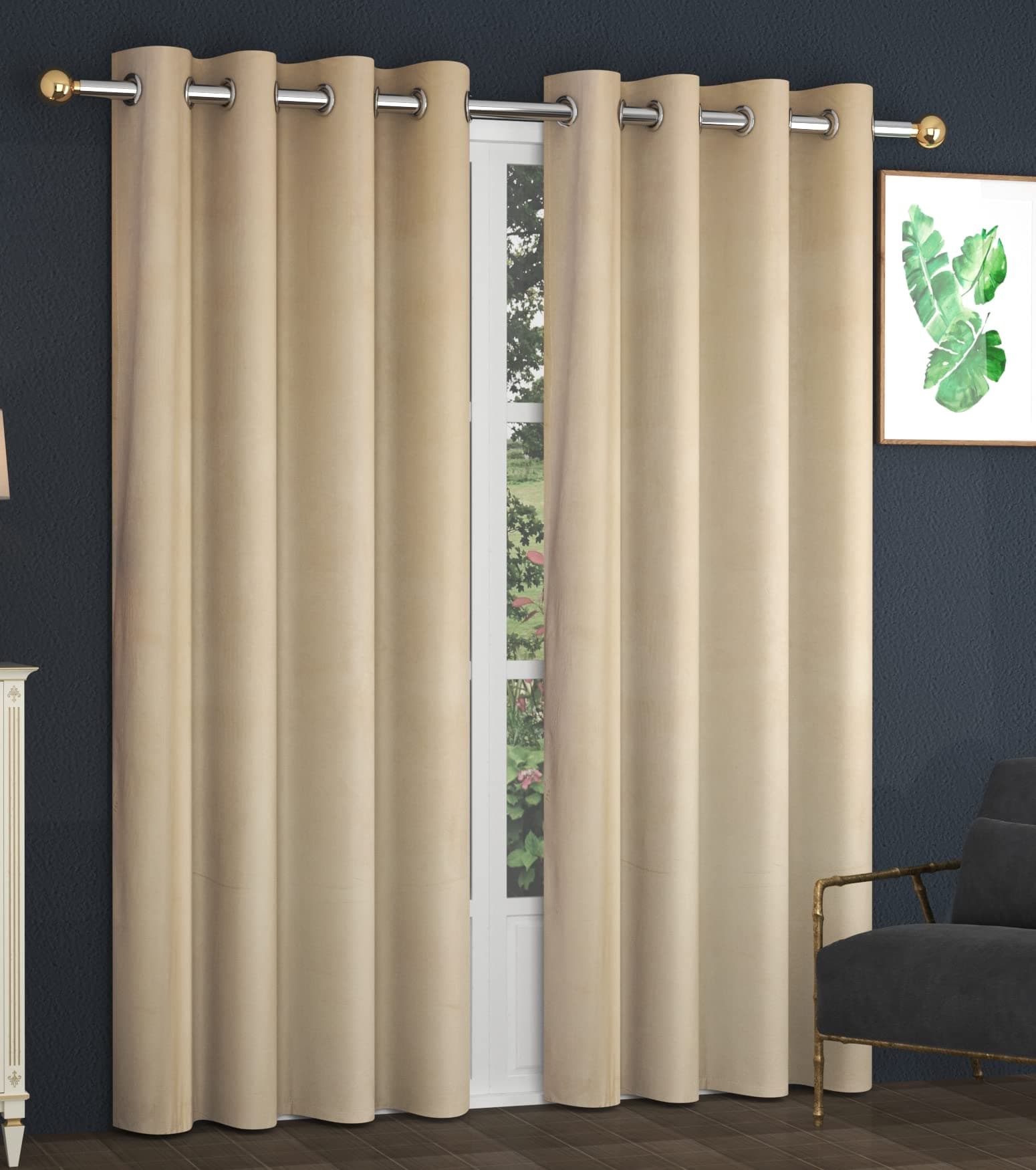AMI CREATION Velvet Solid Plain 90% Semi Blackout Grommet Long Door Curtains Parda for Living Room Bedroom Hall (4x10 Feet, Cream, Pack of 2)