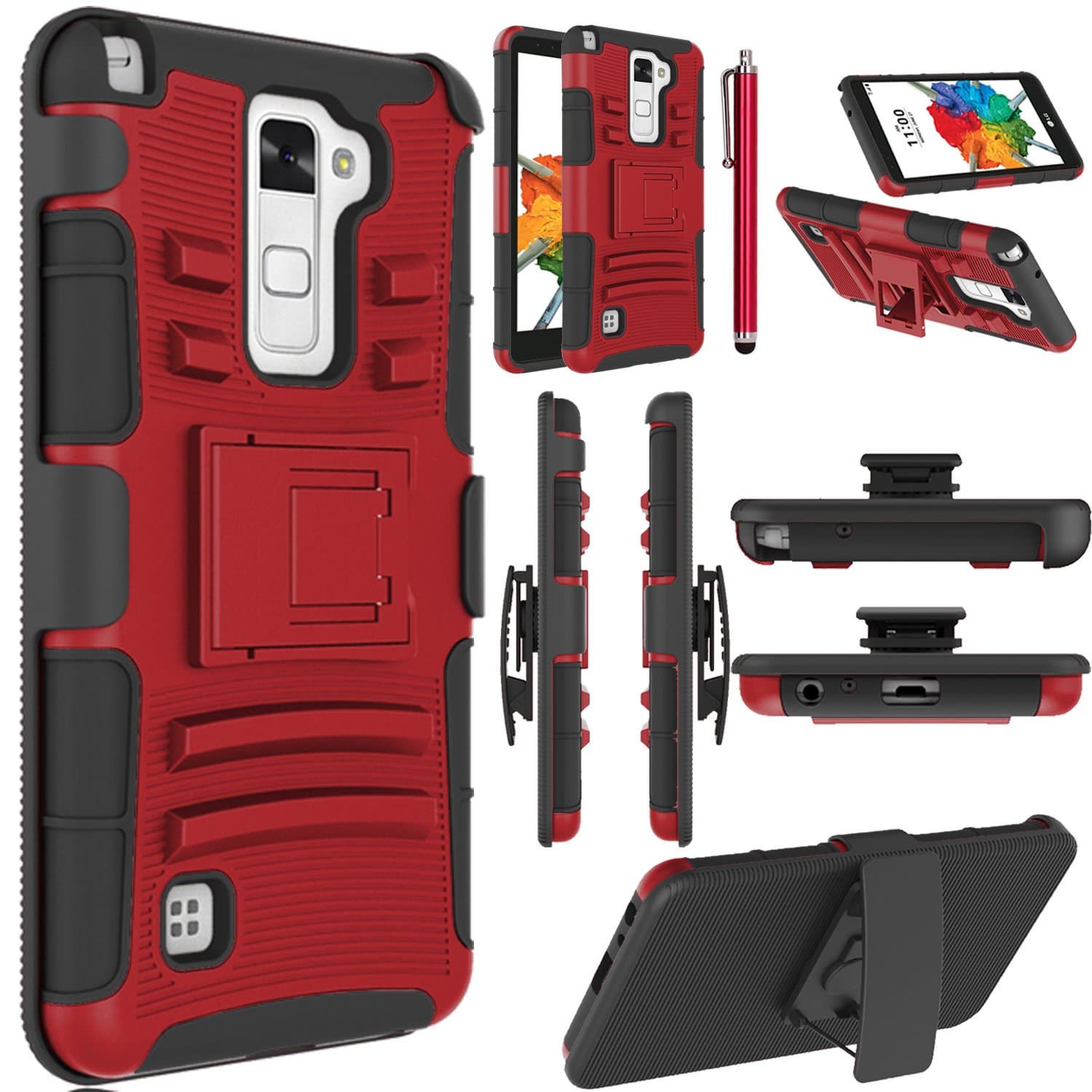 LG Stylo 2 Plus Case, LG Stylus 2 Plus Case, EC Dual Layer Rugged Holster Case Cover with Kickstand & Belt Swivel Clip for LG G Stylo 2 Plus/LG Stylus 2 Plus (Red+Black)
