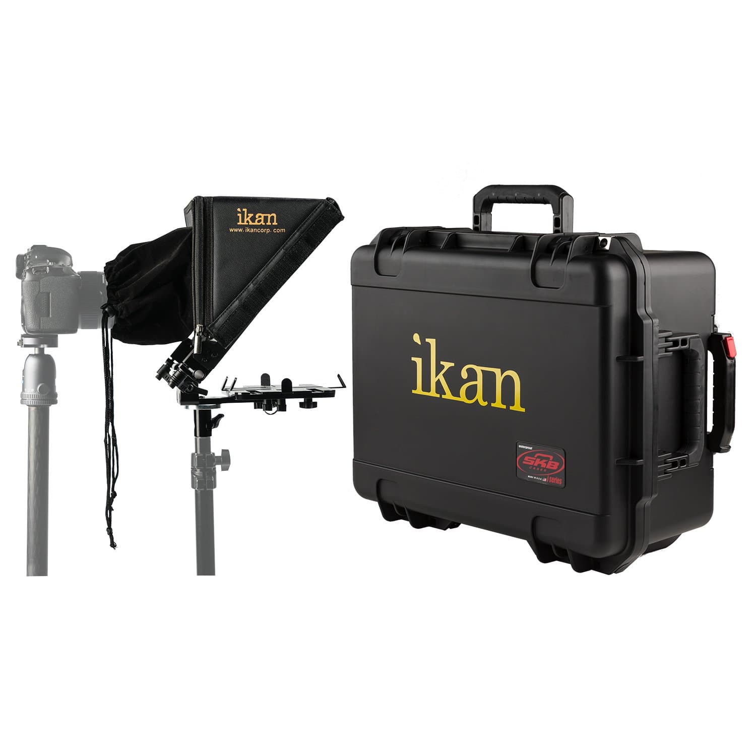 Ikan Elite Tablet Teleprompter for Light Stands w/Rolling Case, Supports Ipad, Android, and Windows Tablets, Foldable Glass Frame (PT-Elite-LS-TK) - Black