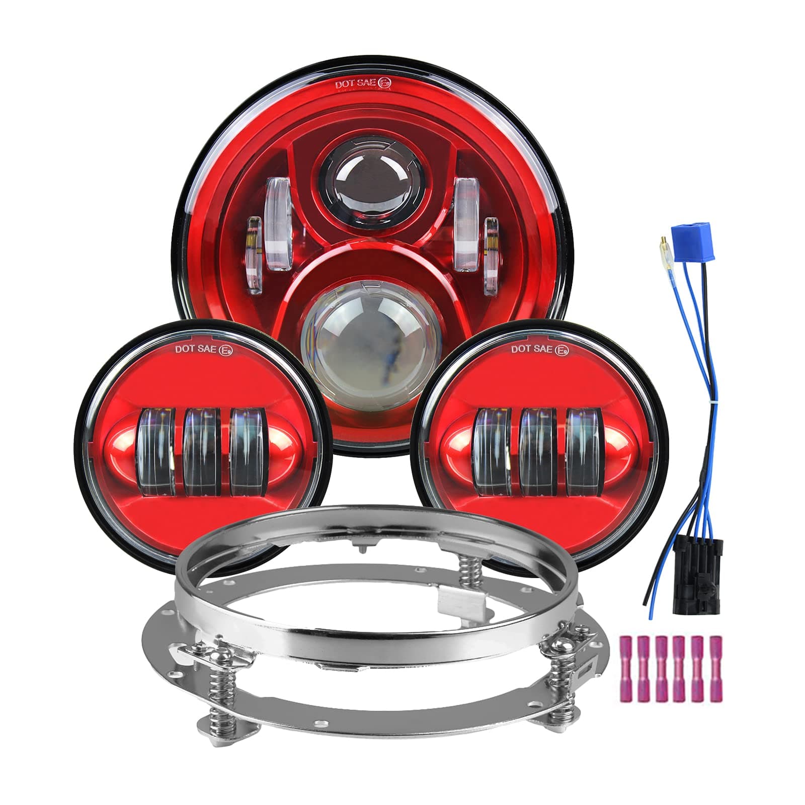 Atubeix 7" Round LED Headlight Bulb Kit + 2pcs 4.5" Fog Passing Lights and Mounting Ring Kit for Touring Road King Street Glide Fat Boy (Red)