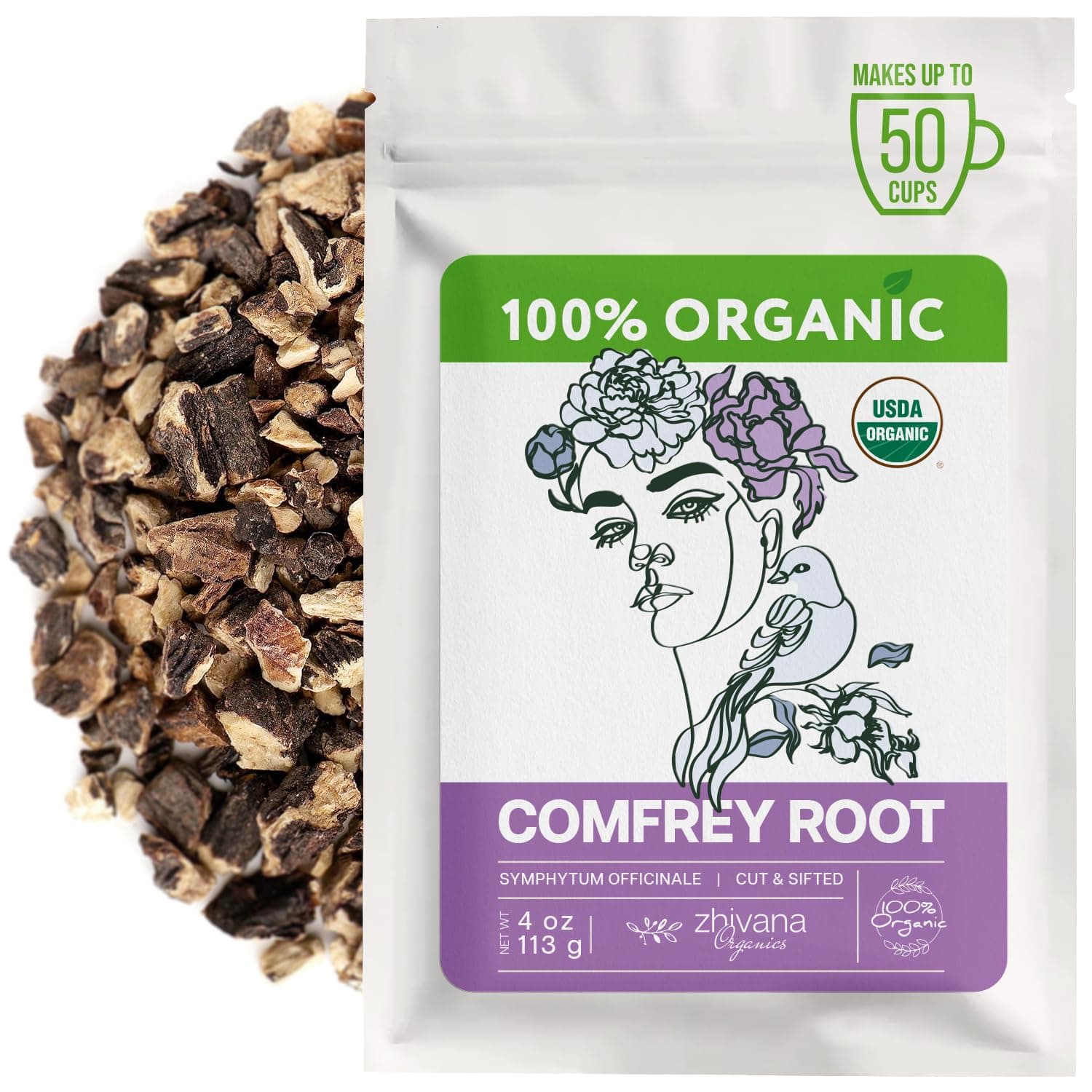 Zhivana Organics Organic Comfrey Root (4 oz.) for Skin, Bone, Muscles, Ligament Healing - Comfrey Herb (Symphytum Officinale)- Сonsuelda, Comfry, Comphrey, Confrey - Make Salves, Creams, Paultices