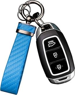 Turcee Carbon Fiber Car Keychain, Leather Car Key Fob & Anti-Lost D-Ring (Blue)