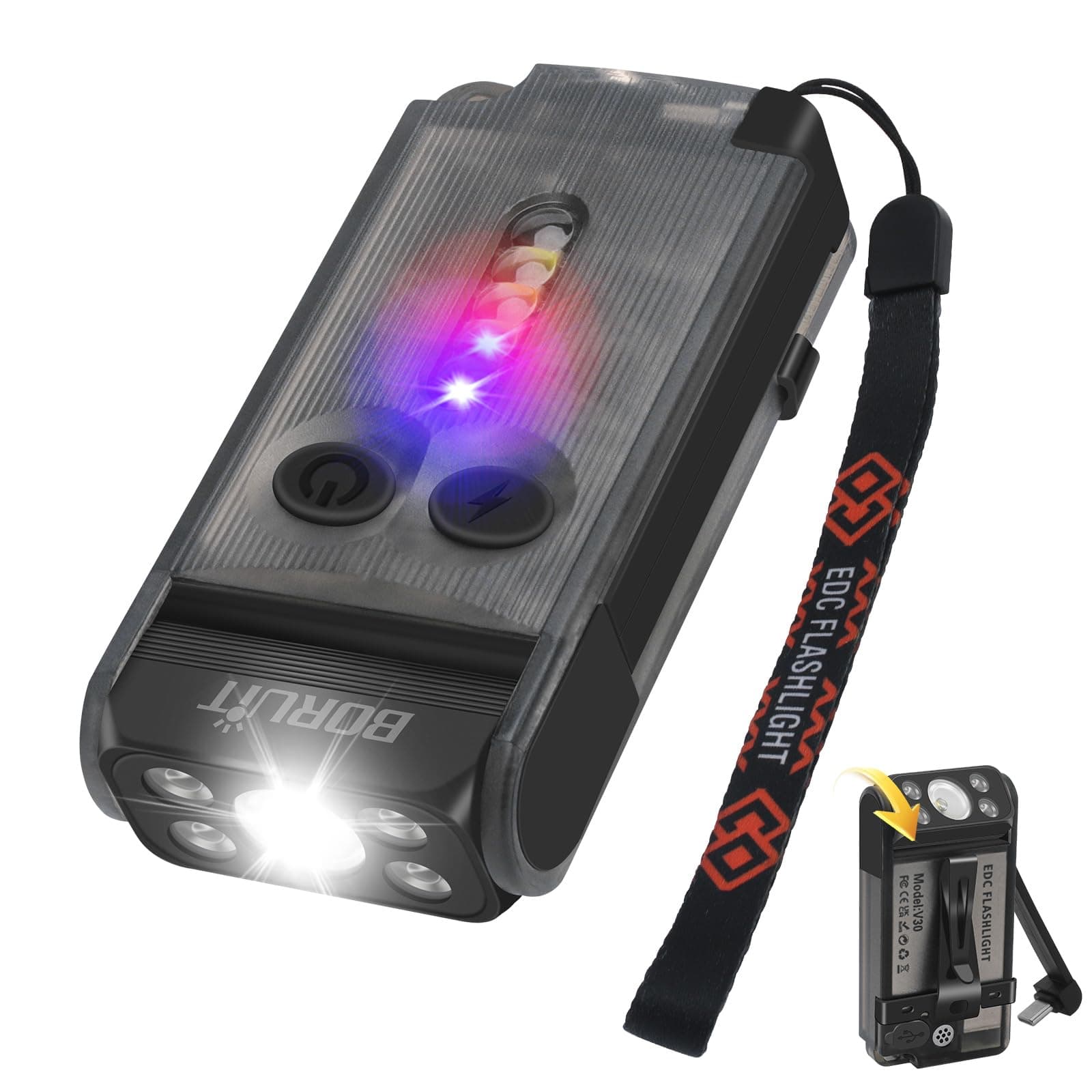 BORUIT V30 LED Small Powerful EDC Flashlight with Red and 365nm UV Light,180°Rotation,USB A/C-C Rechargeable Pocket Flat Keychain Flashlight with Clip,120DB Buzzer,Power Bank Function(Black)