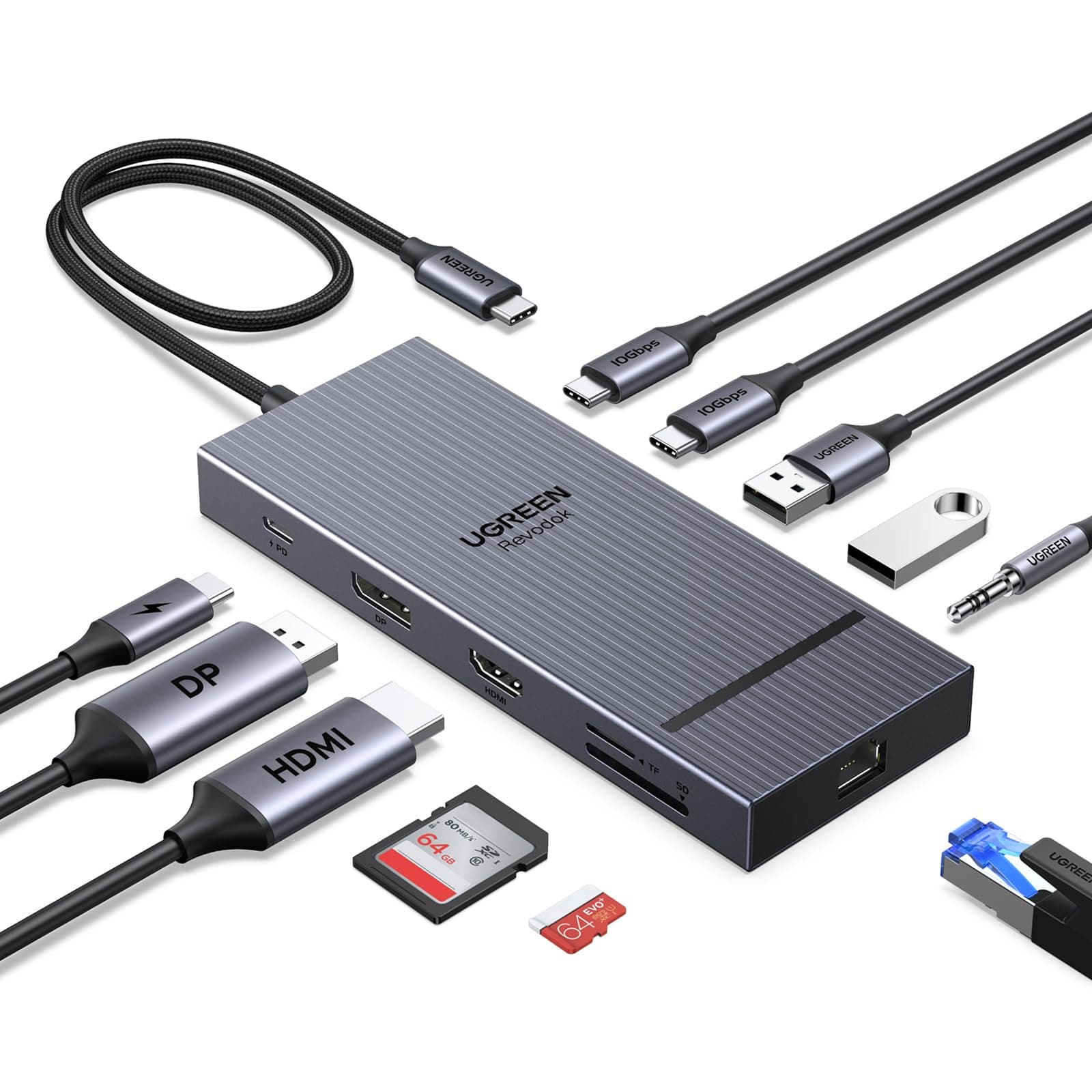 UGREEN USB C Docking Station, Revodok Pro 11-in-1 Hub with 4K@120Hz DisplayPort, HDMI, 2X 10 Gbps Type C Data, 2X USB-A 2.0 Data, 100W PD, 1000Mbps Ethernet, SD/TF, 3.5mm Port for Thinkpad, HP, Dell