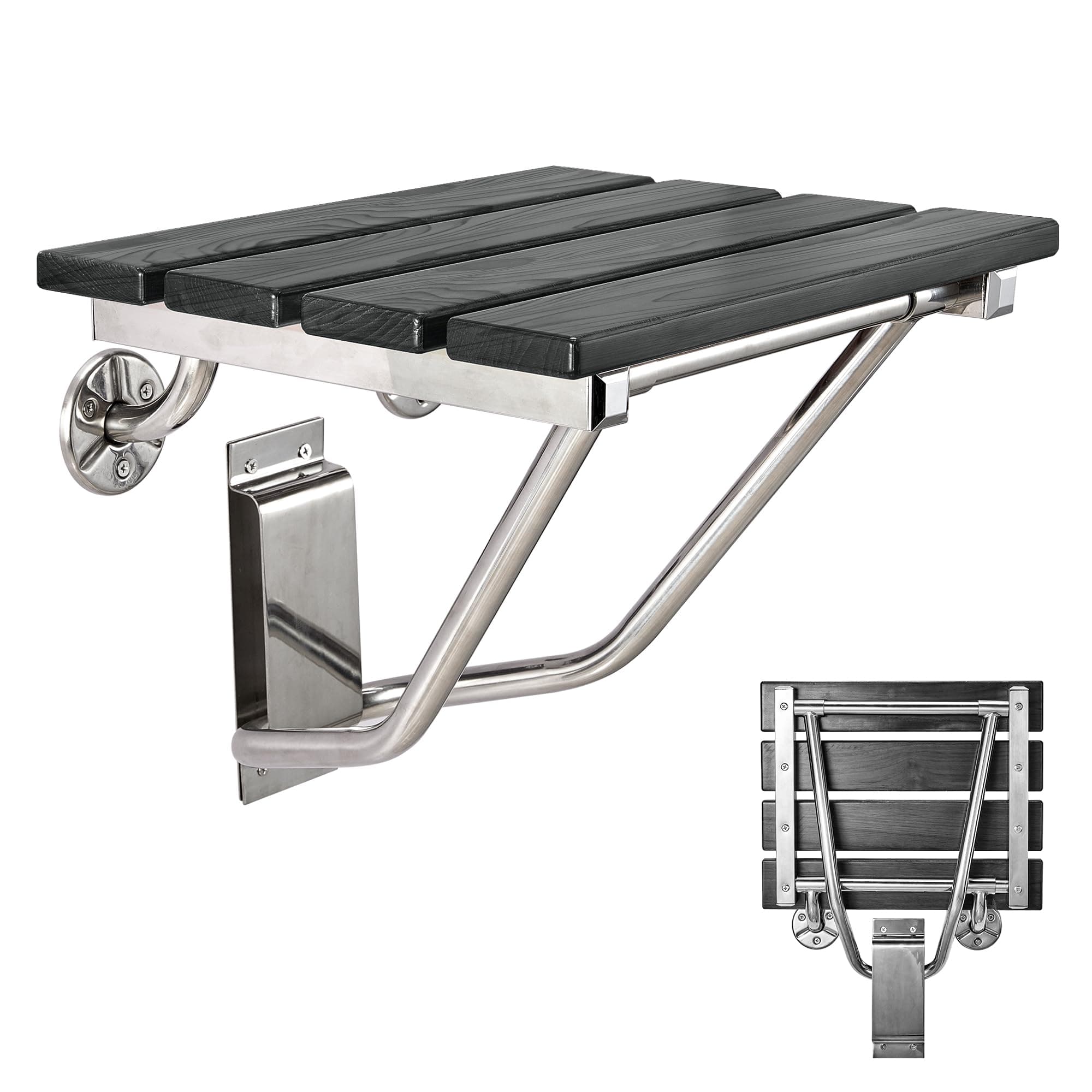 Folding Shower Seat and Bench Wall Mounted, Shower Chair Foldable, Shower Stool Collapsible for Inside Shower Bathroom Bathtub Small Space, 350lb Capacity (Plastic Wood Black)