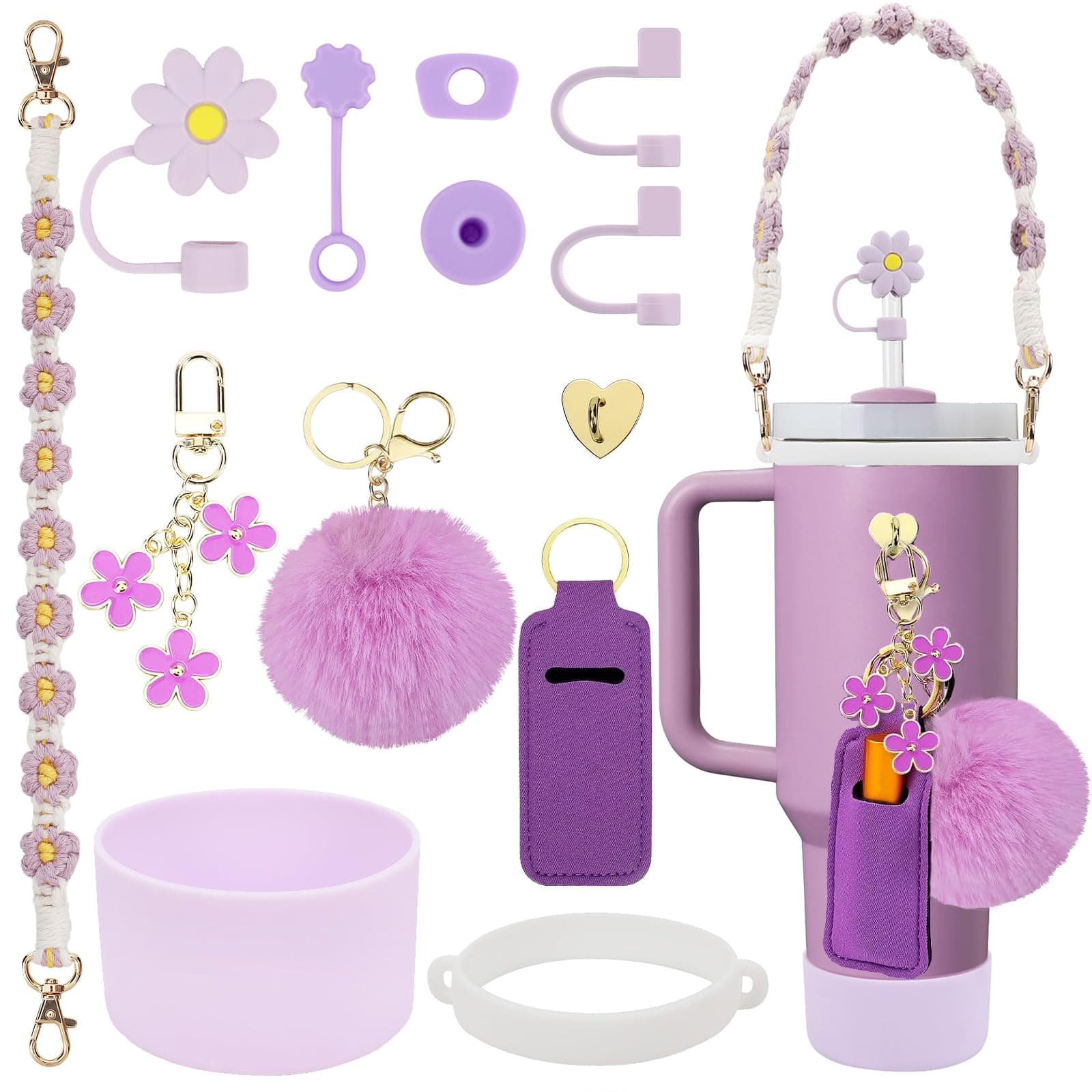 Stanley Cup Accessories Set Including Water Bottle Handle Strap, Siliocne Stanley Cup Boot, Siliocne Straw Cover, Stanley Charms for Stanley Cup 40oz & 30oz Tumbler