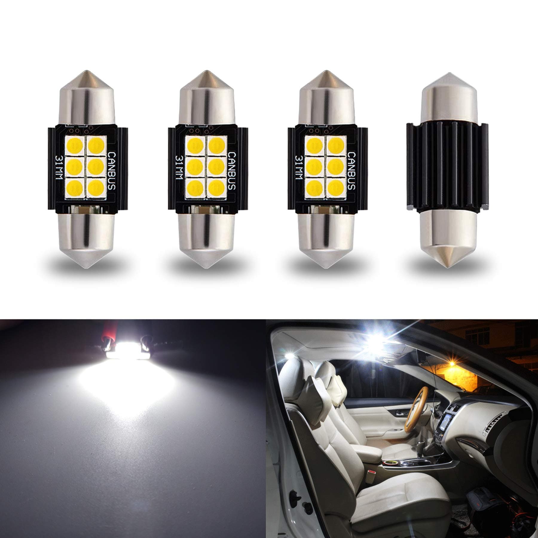 9-30V Extremely Bright DE3175 DE3021 Festoon LED Bulbs Error Free 1.25" 31mm for Interior Map Dome Lights and License Plate Courtesy Lights, Xenon White