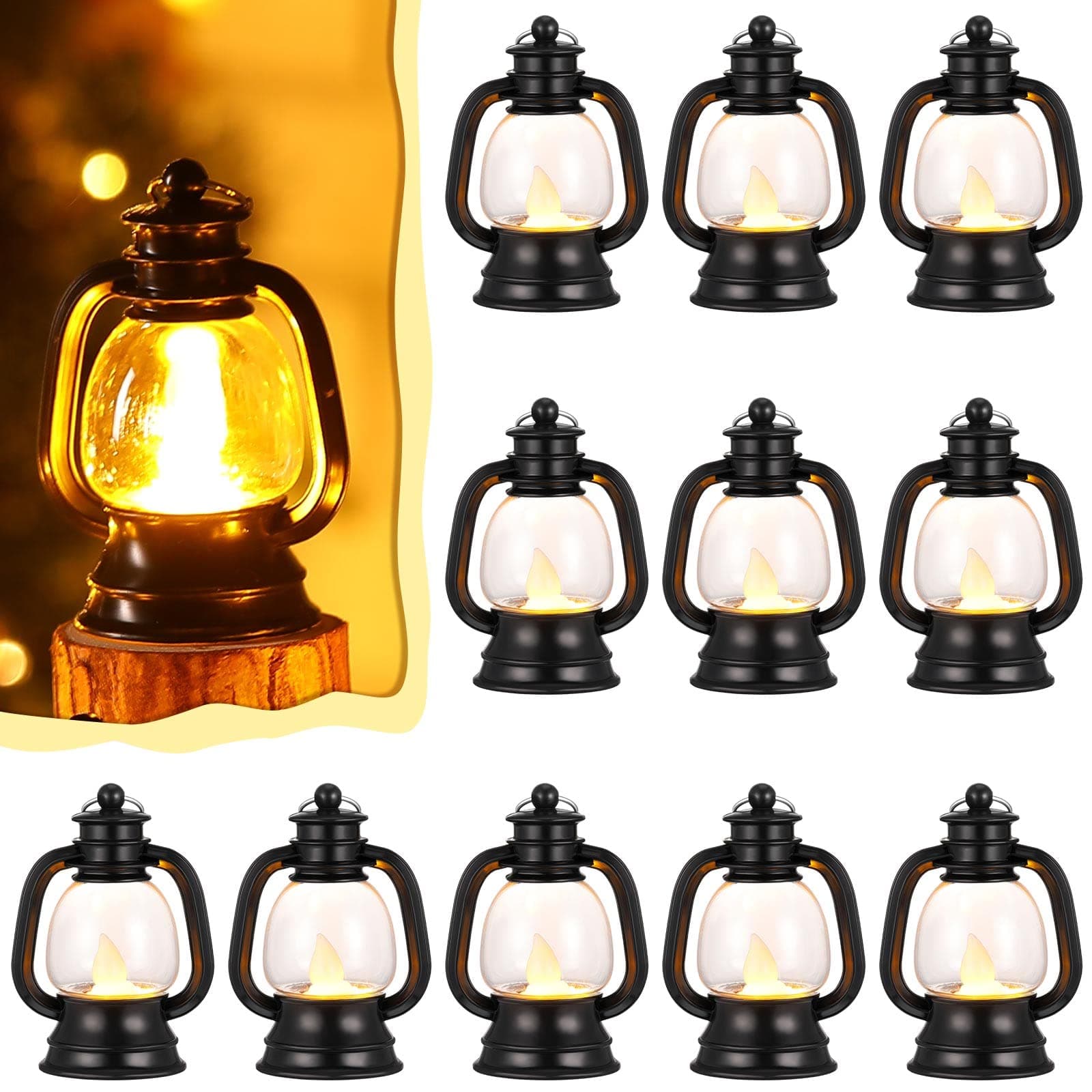 Ferraycle 12 Pcs Mini Lantern Decor Western Lantern Table Centerpiece Small Vintage Camping Hanging Lamp Ornaments Bulk for Cowboy Cowgirl Wedding Halloween Christmas (4 Inch,Black)