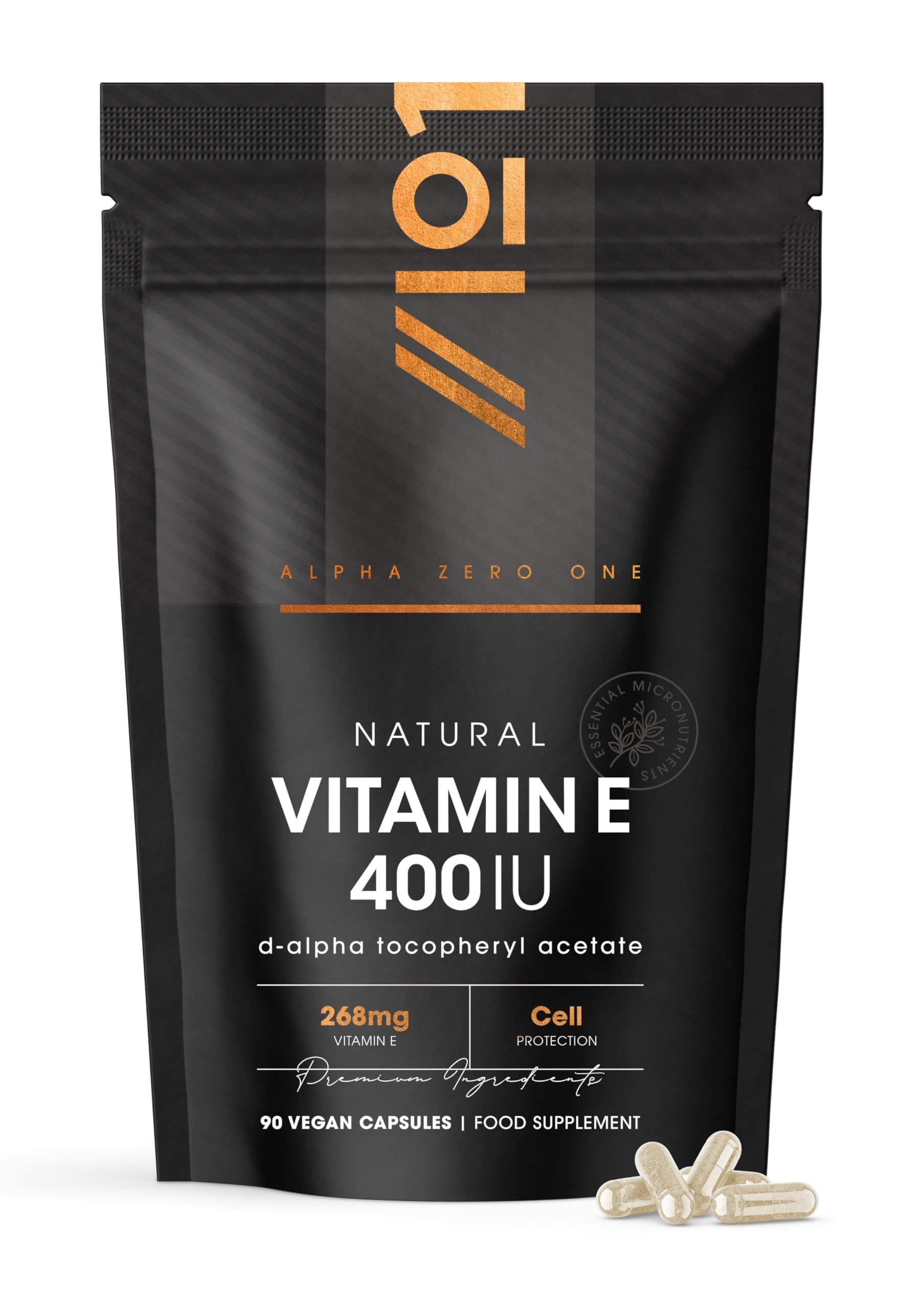 Vitamin E 400IU D-Alpha Tocopherol – 100% Natural Vitamin E – 90 Vegan Capsules – Highly Absorbable – 3 Month Supply – Protects Cells from Oxidative Stress – By Alpha01