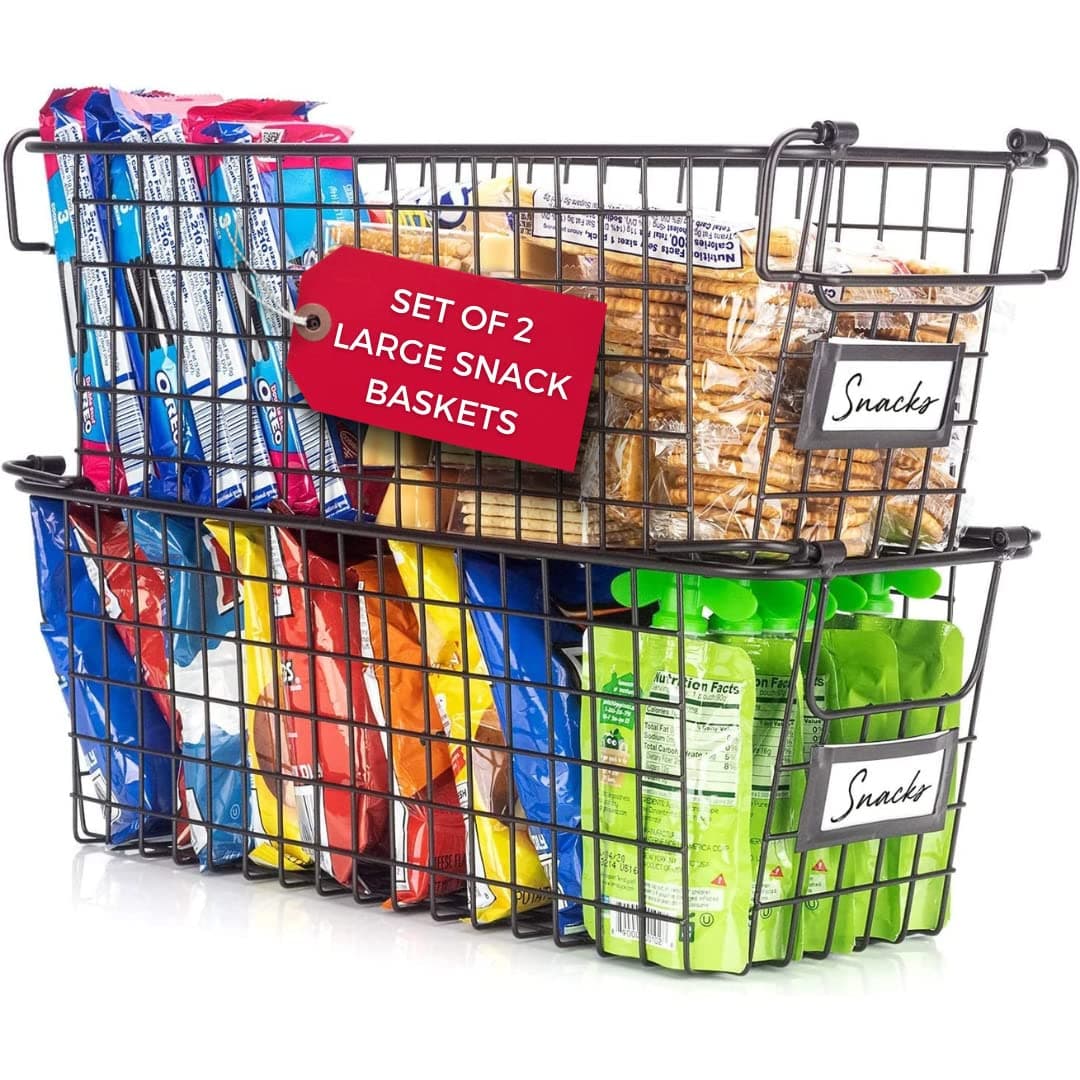 Granrosi Stackable Large Wire Baskets for Organizing — Set of 2 Snack & Chips Organizer for Pantry; Wire Storage Baskets with Handles; Large Bronze Chip Storage for Pantry