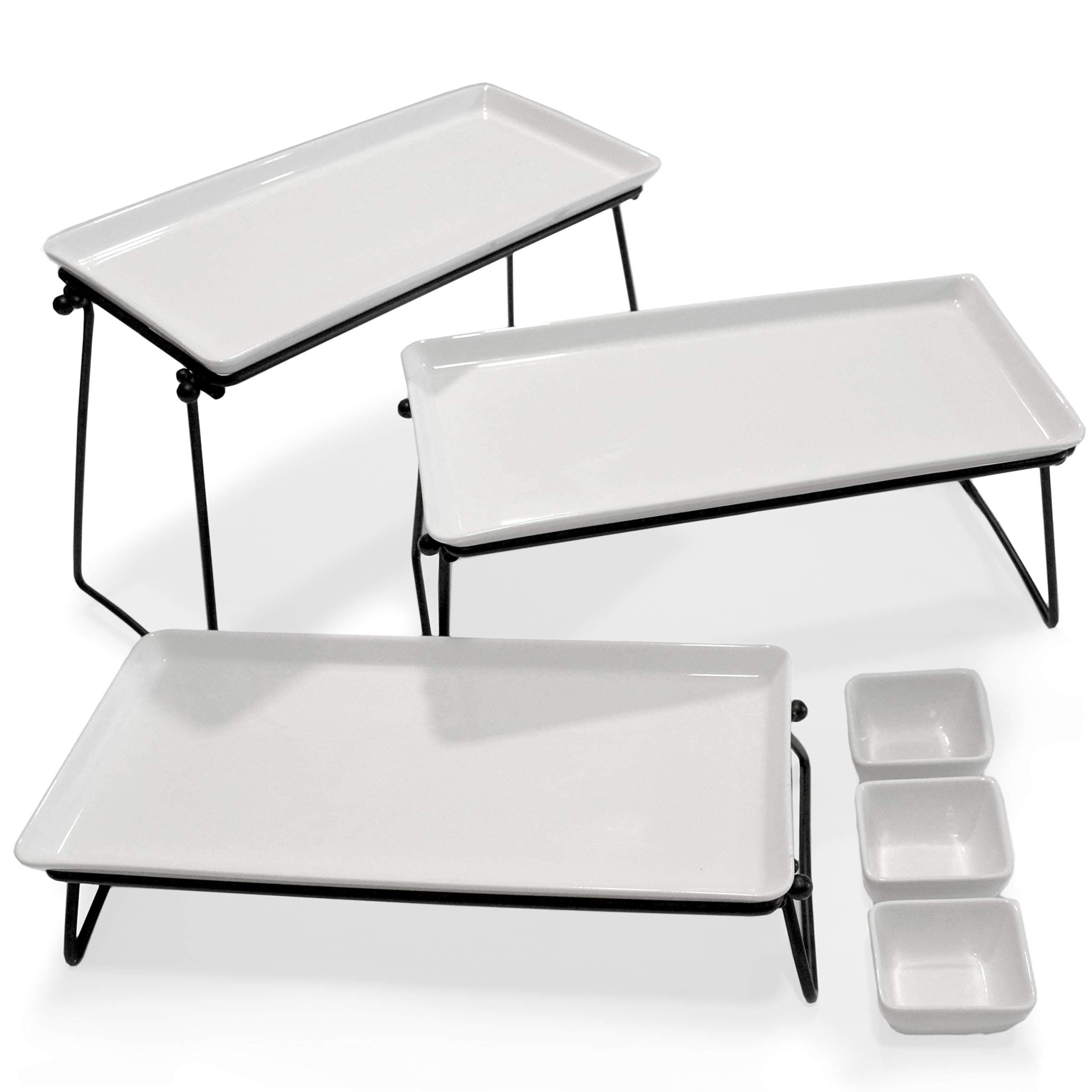 3 Tiered Serving Tray Stand - 3 X-Large Ceramic Plates (13.5"x6.5") +3 Sauce Dishes - Elegant Cake Cupcake Stand for Parties by Elite Creations
