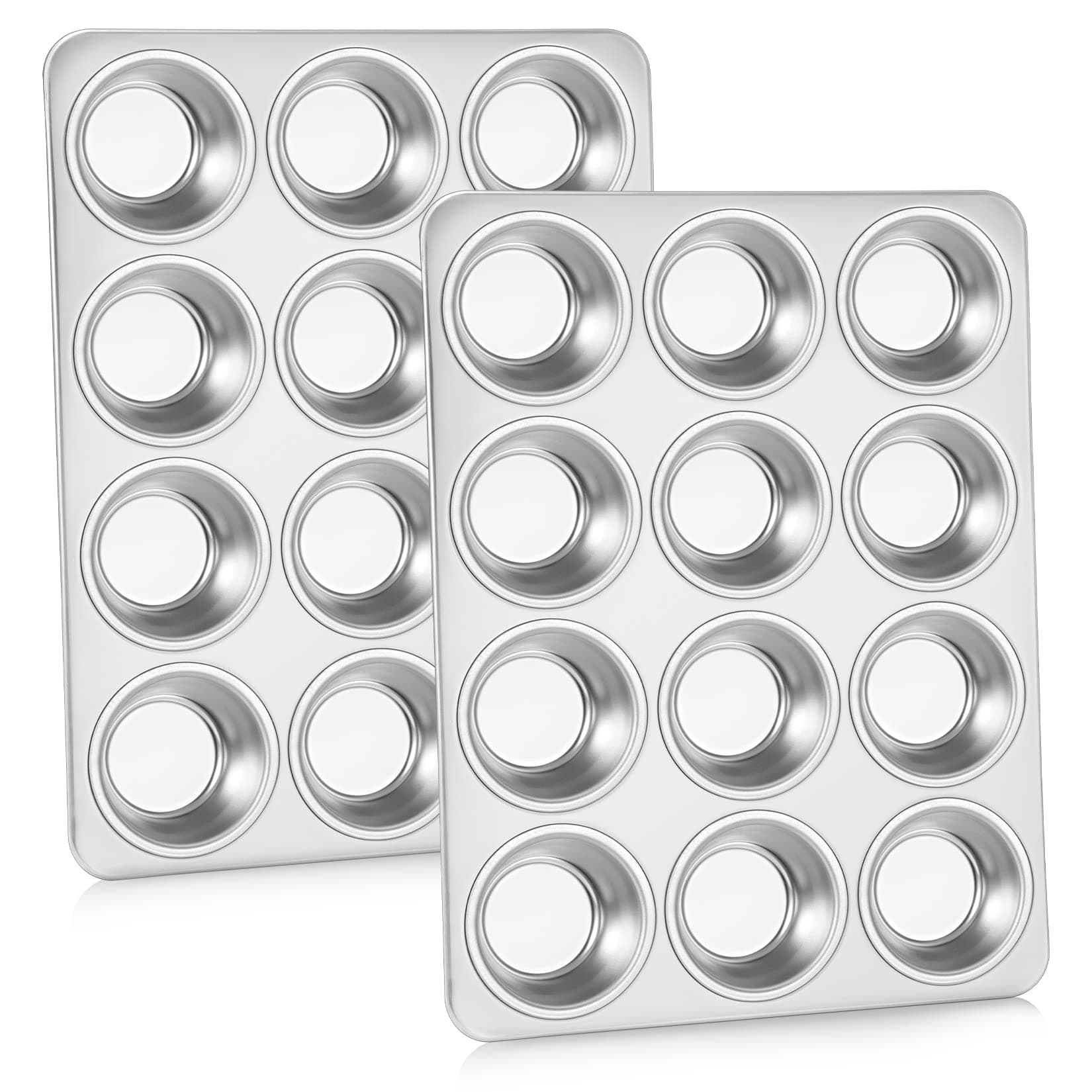 P&P CHEF Muffin Pan Cupcake Baking Pan Set, Stainless Steel Muffin Tin Tray for Mini Cake Tart Quiche, Oven & Dishwasher Safe, Non-toxic & Heavy-duty, (12 Cup, 2Pcs)