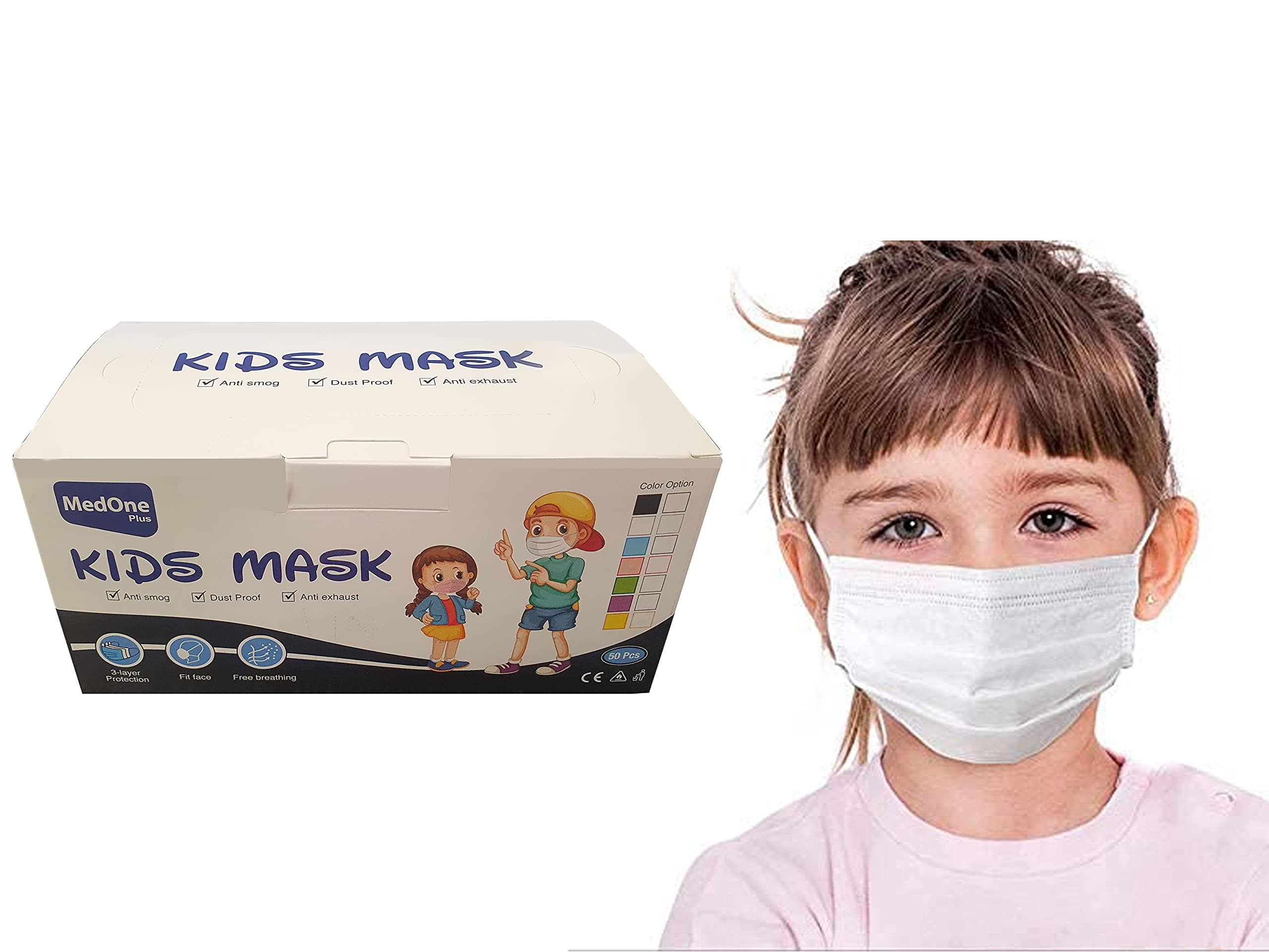 50PCS 3Layer Disposable Face Masks for Children/Kids, Solid Color (White)