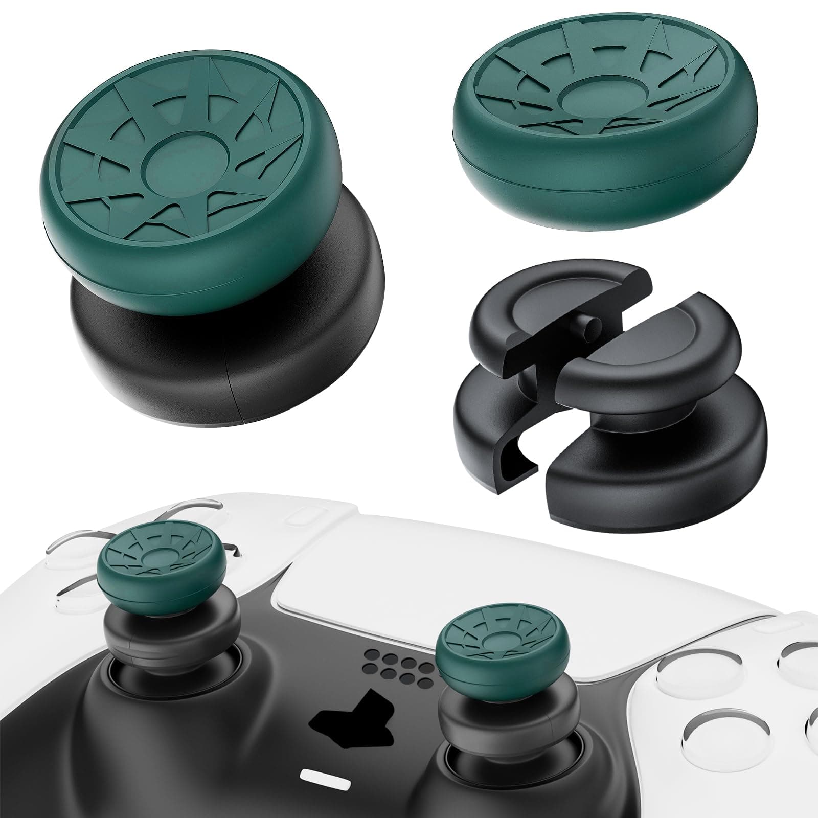 NO Falling Off Thumbstick Extender & Silicone Grip 2 Sets for PS5 & PS4 Controller (Turbo Green)