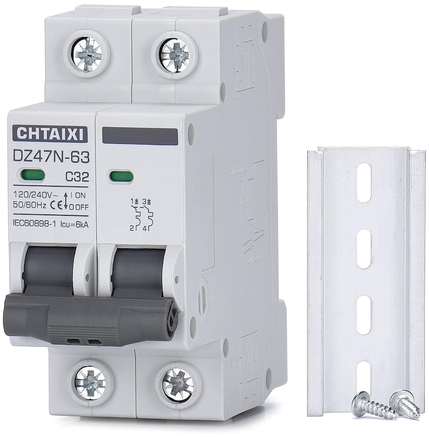 Heiko AC Miniature Circuit Breaker Panel, 2 Pole DIN Rail Mount Circuit Breaker 32 Amp 120V/240V, Solar AC Disconnect Switch, Thermal Magnetic Trip Blue