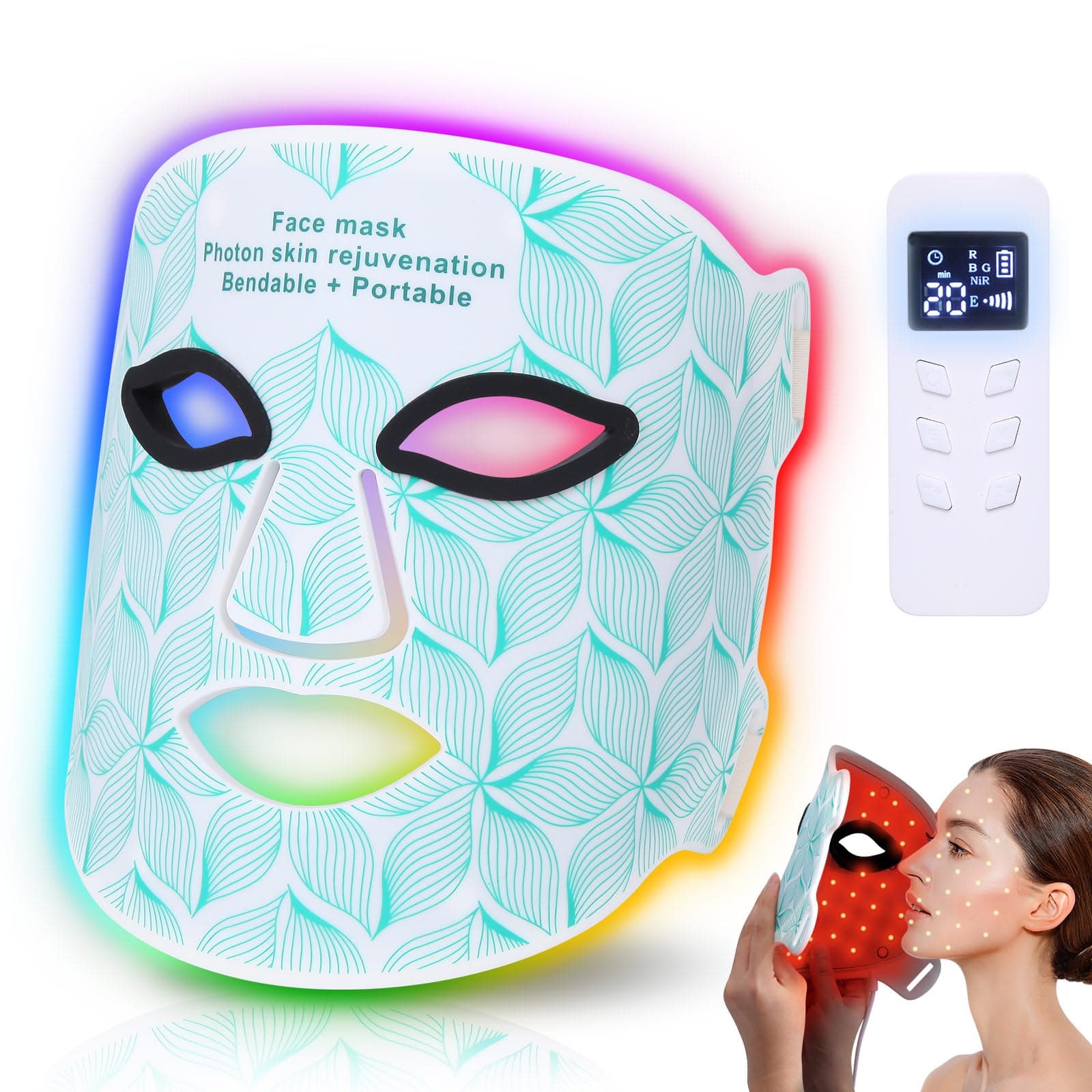 8 Colors LED Face Mask Light Therapy with 850NM Near-infrared, 3000 mAh Rechargeable Red Light Therapy Mask Skin Care Device