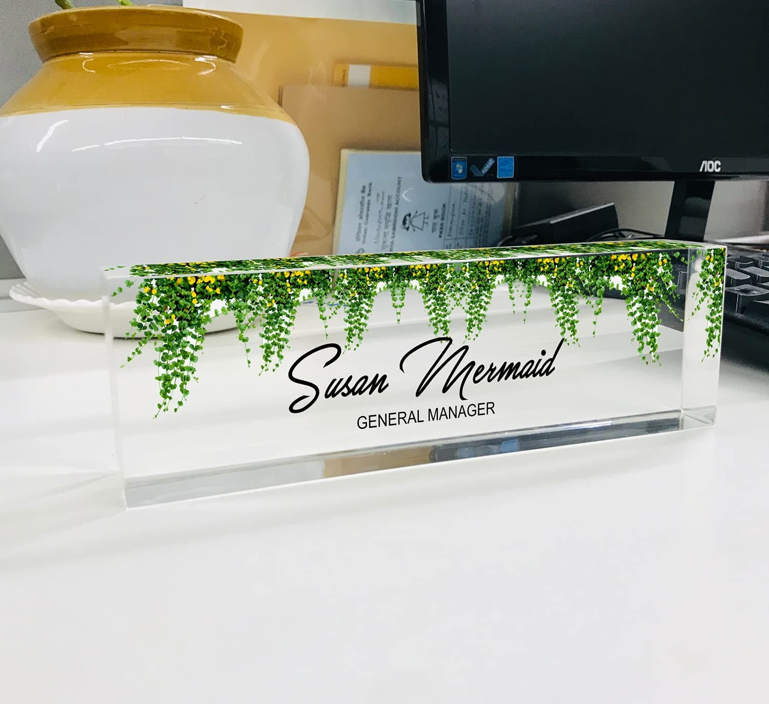 Desk Name Plates, Personalized Name Plate for Desk, Custom Office Decor Nameplate Sign, Personalized Gift Plaque, Succulents Design On Clear Acrylic Glass In Size 8 X 2.50 X 1.25 Inches
