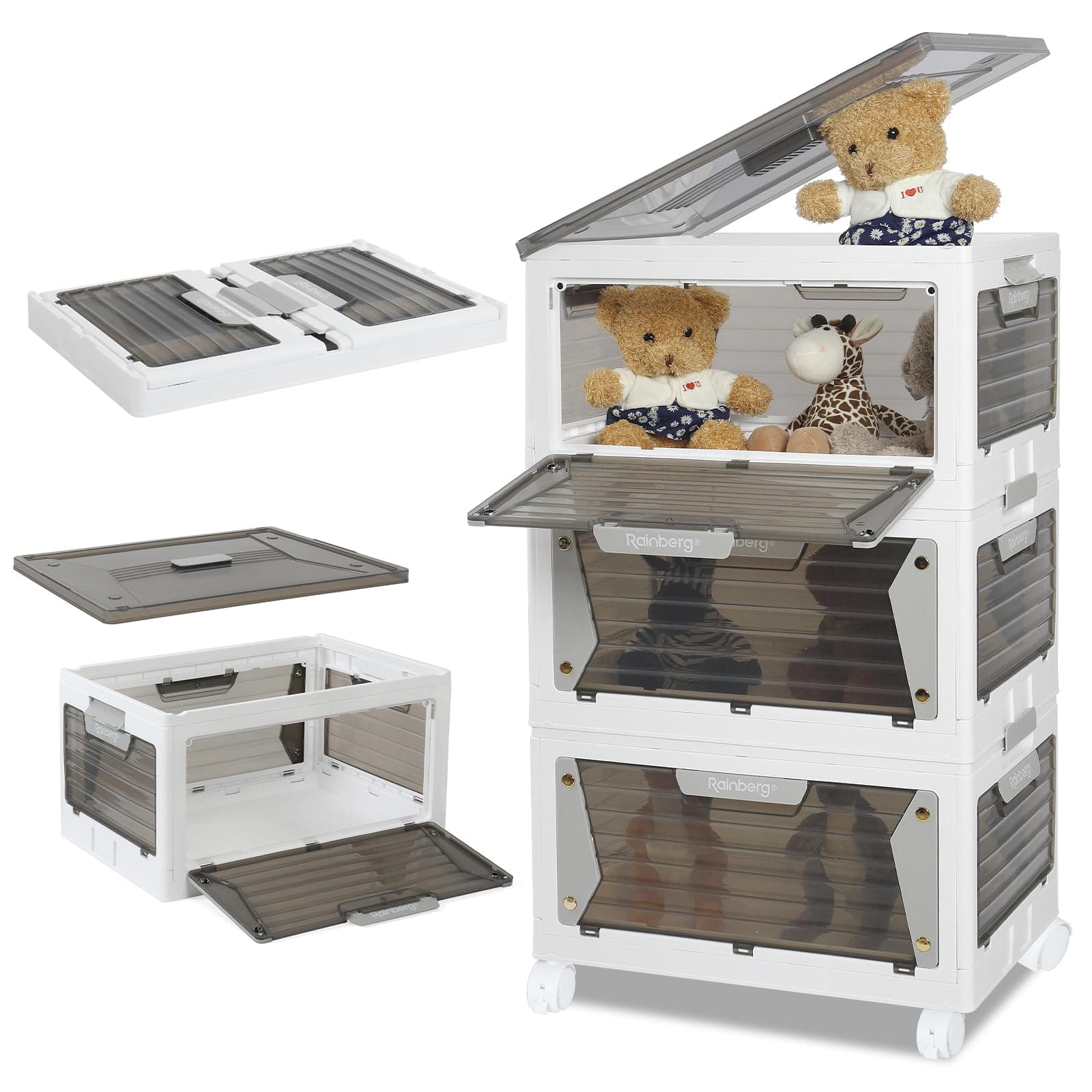 Rainberg Large Storage Boxes with Lids, Strong & Sturdy Plastic Storage Boxes, Stackable Nestable Container for Home & Office use. (White & Grey, 3 Tier 150L Storage)