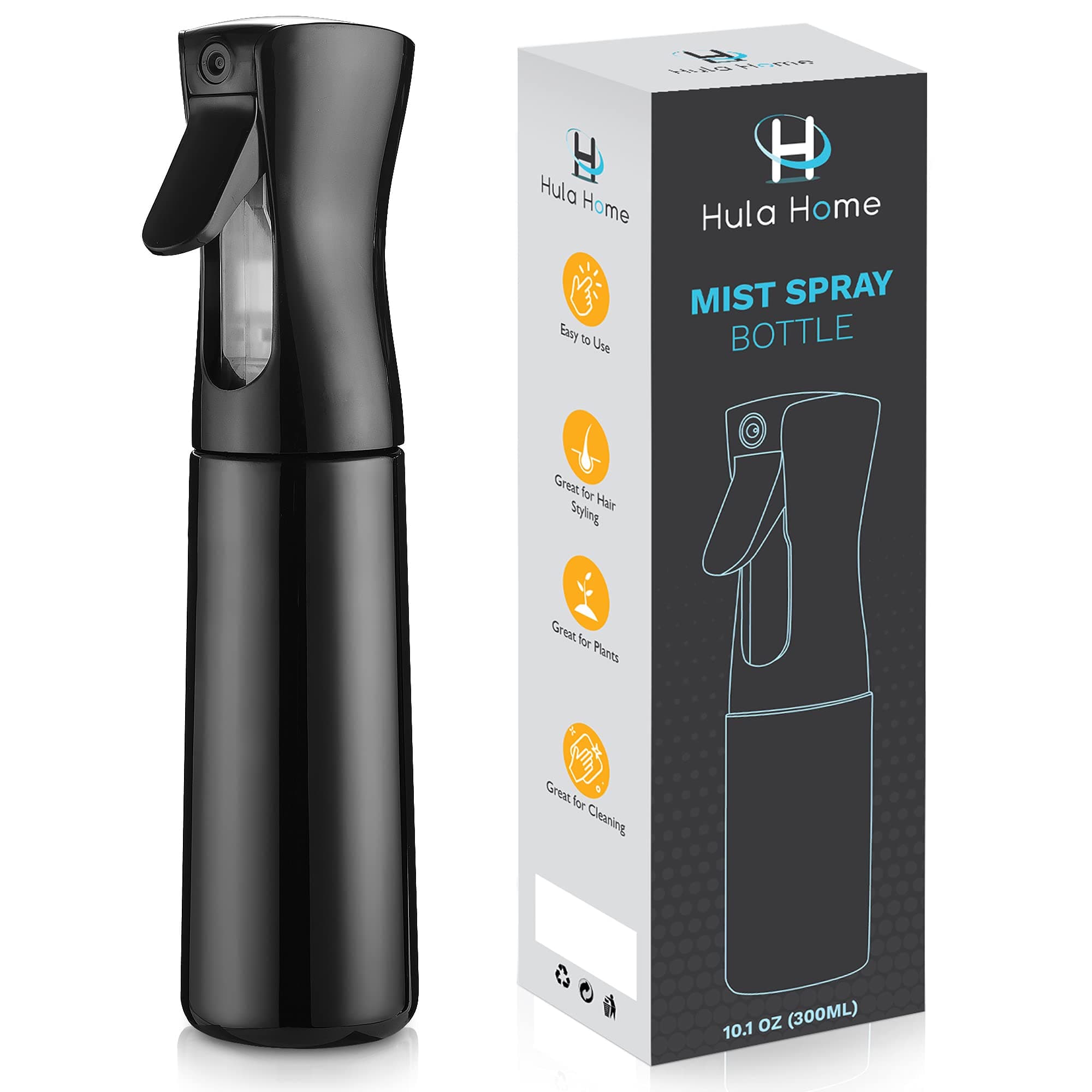 Hula Home Continuous Spray Bottle (10.1oz/300ml) Empty f falkiya Fine Plastic Water Mist Sprayer ‚Äì For Hairstyling, Cleaning, Salons, Plants, Essential Oil Scents & More (Black)