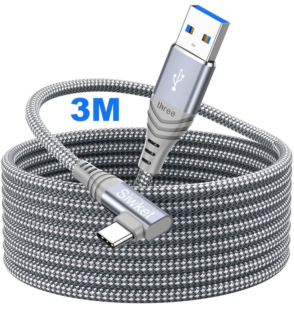 USB C Link Cable 3M, USB 3.0 to USB C Cable Braided 90 Degree QC 3.0 Fast Charging & 5Gbps Data Sync for Oculus Quest /2, Virtual Reality Headset, Gaming PC,Samsung Galaxy S20 Note 20