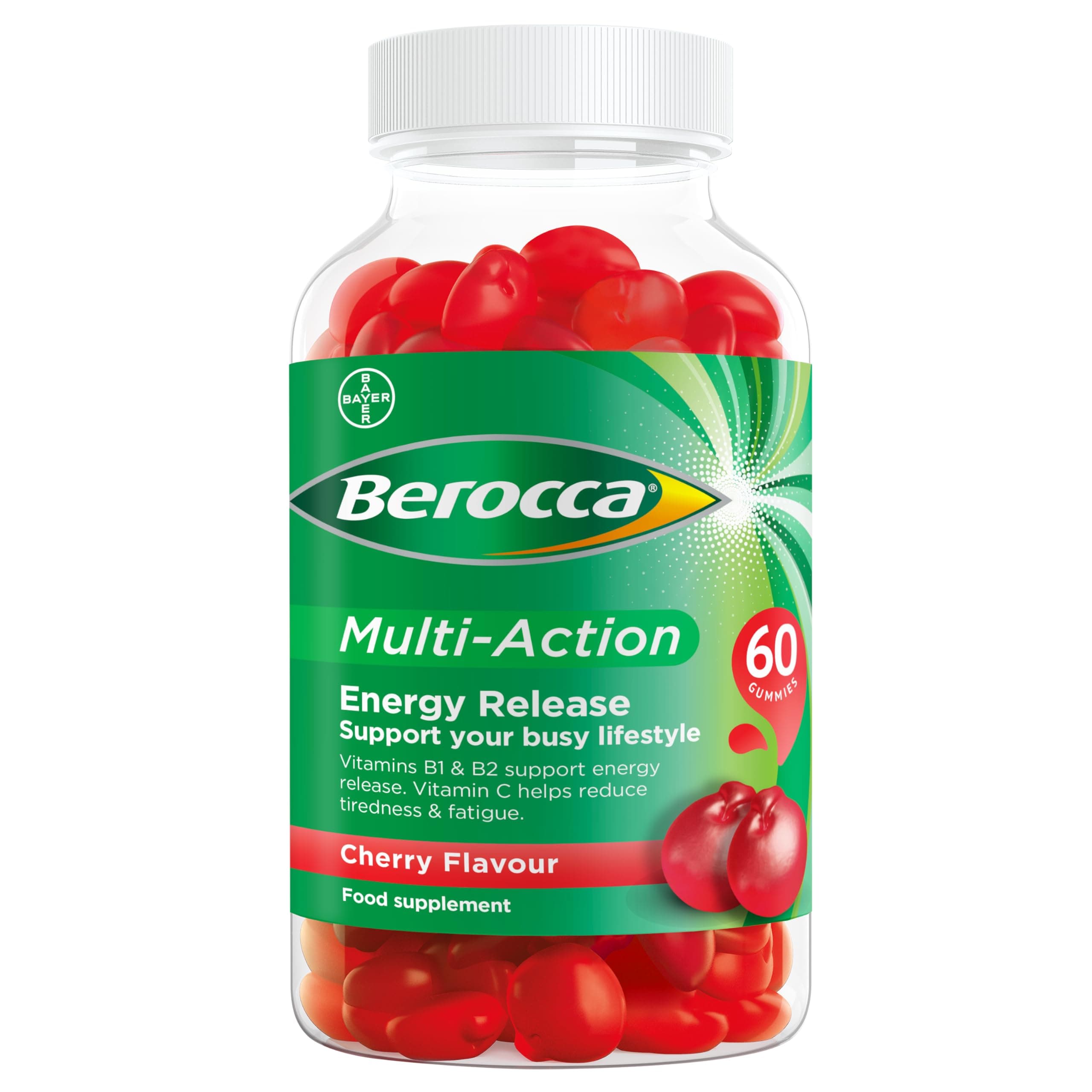 Multi-Action Multivitamin Gummies - Including Vitamin D, C, A, B-Complex (B1, B2, B3, B6, B7 & B12), E - Supplement for Women, Men and Kids - 60 Gummies - Cherry Flavour
