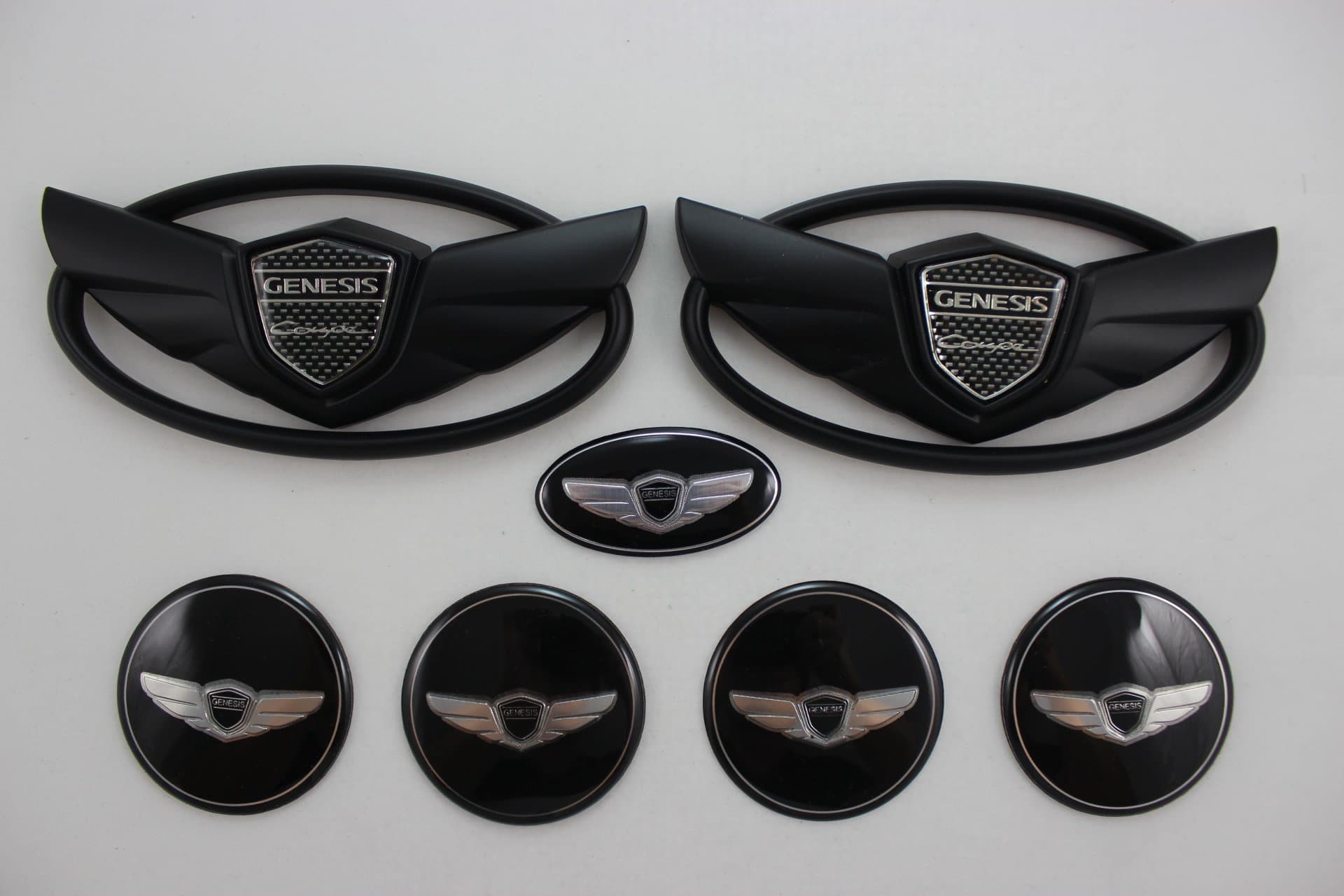 2010 2011 2012 2013 2014 2015 7pc Genesis Coupe Genesis Matt Plain Black Wing Logo Badge Emblem Trunk Grille Lid Tail Gate Black Wheel Center Rim Cap Sticker Steering Combo Set Package
