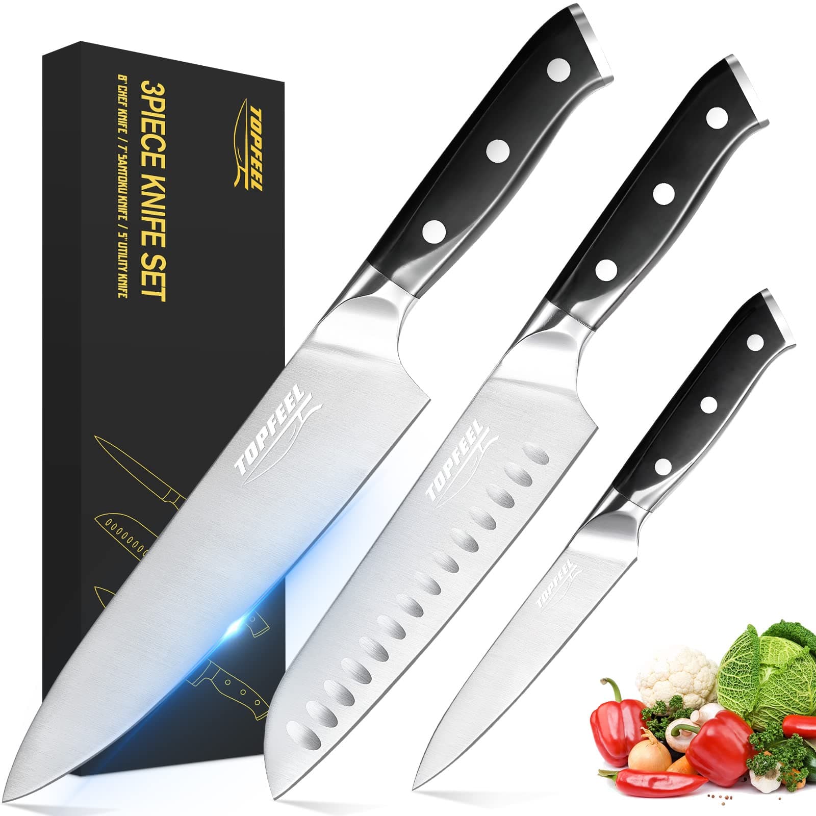 Professional Chef Knife Set Sharp Knife, German High Carbon Stainless Steel Kitchen Knife Set 3 PCS-8"Chefs Knife &7"Santoku Knife&5"Utility Knife, Knives Set for Kitchen with Gift Box…