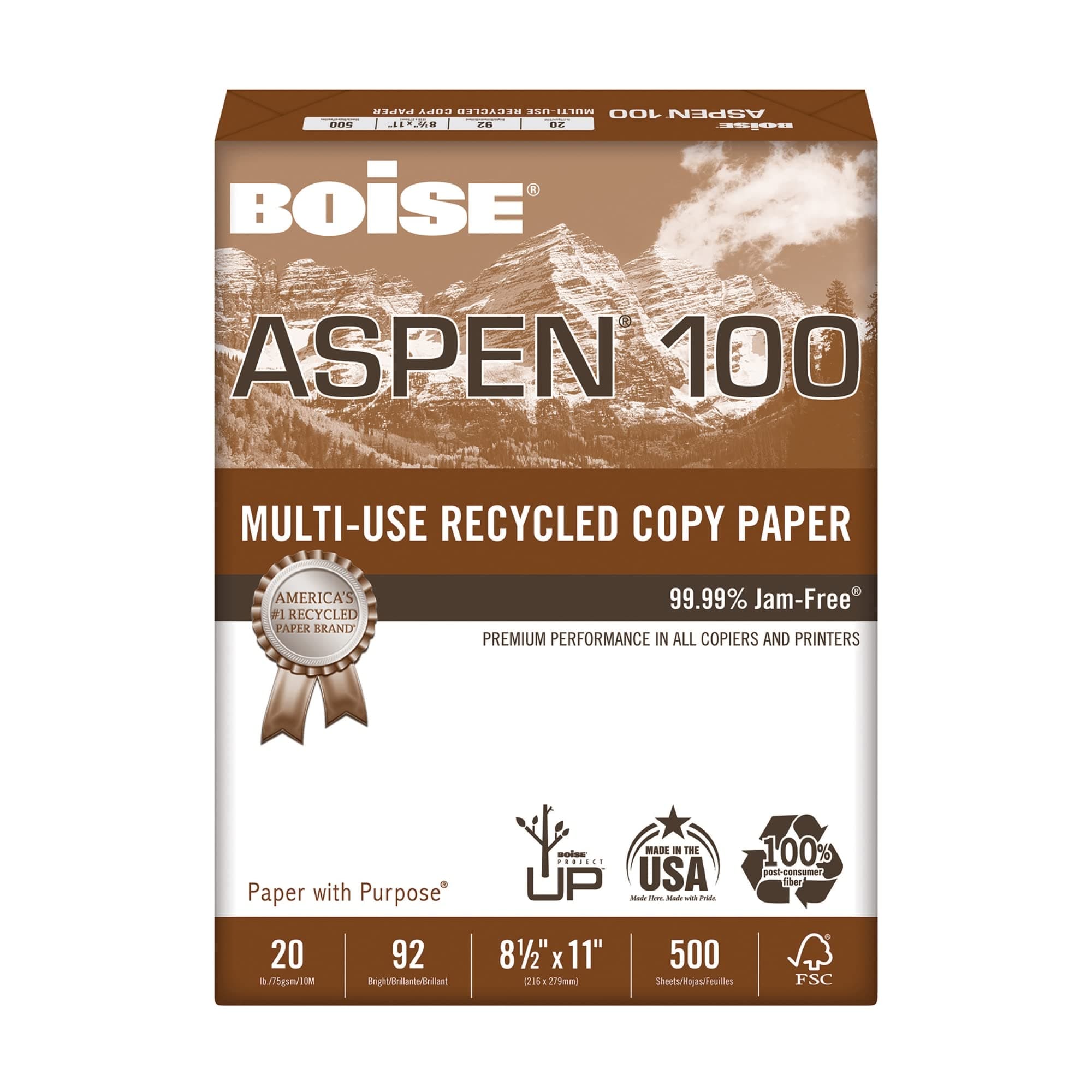 ASPEN® 100 Multi-Use Printer & Copy Paper, 1 Ream, White, Letter (8.5" x 11"), 500 Sheets Per Ream, 20 Lb, 92 Bri