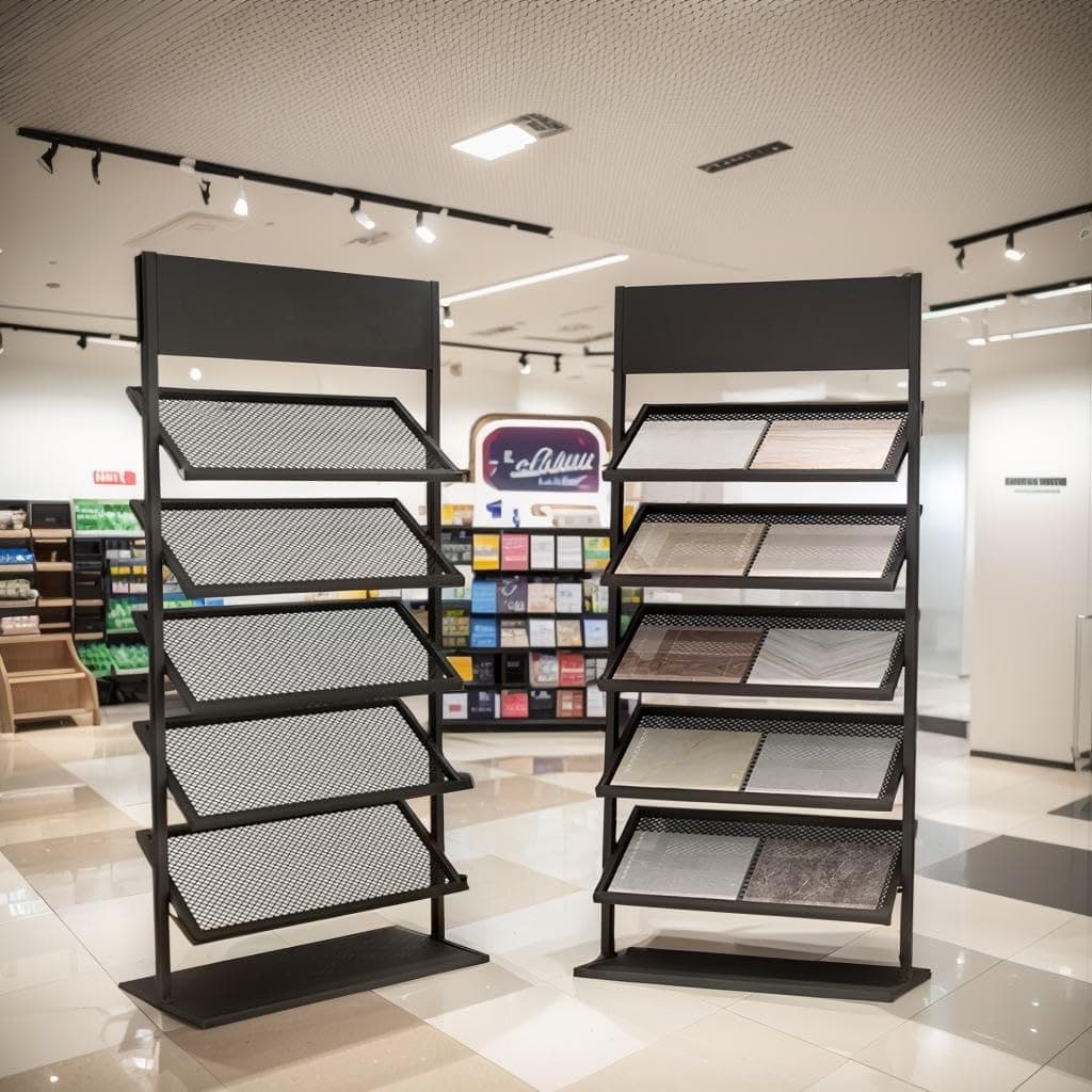 2 Pack Metal Tile Display Stand, Black, 5 Tier Retail Rack for Tile, Wood Floor, Craft Shows