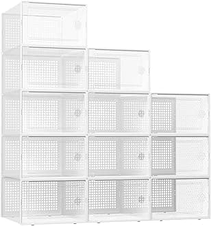 Kuject XX-Large Shoe Storage Boxes Organizers Clear Plastic Stackable 12 Pack, Shoe Rack & Holder Substitute, Sneaker Containers, Toy Storage Organizer Bins for Entryway, Closet, Under Bed, White
