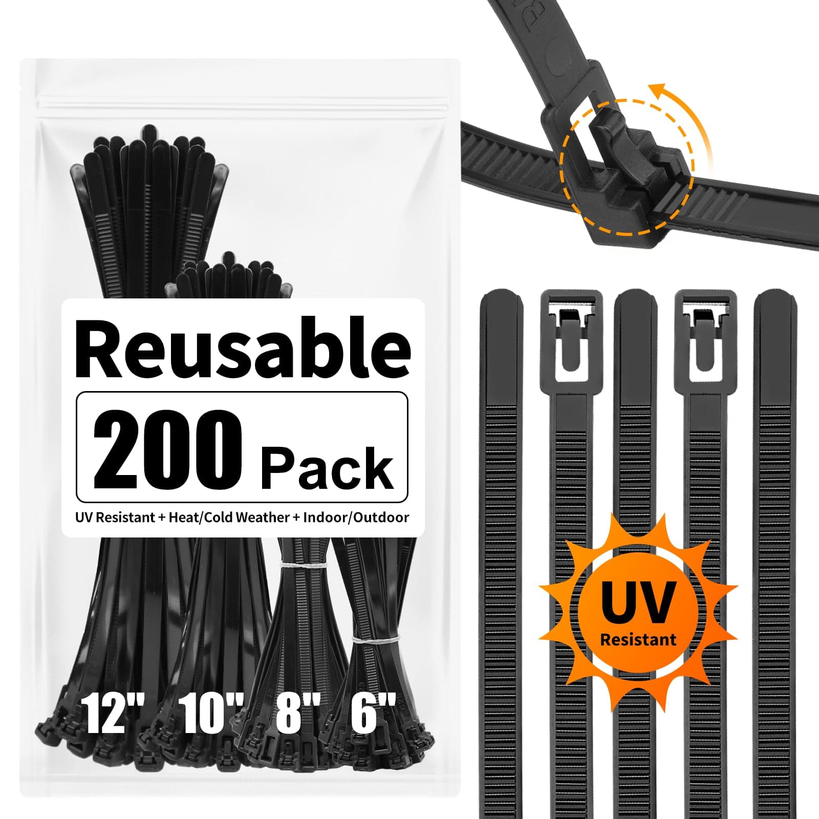 200 Pack Reusable Zip Ties Assorted Sizes 6+8+10+12 inch UV Resistant, Black Zip Ties Heavy Duty Outdoor Releasable Round Ending No Hurt, Cable Ties Reusable Tie Wraps Indoor Non Slip Off