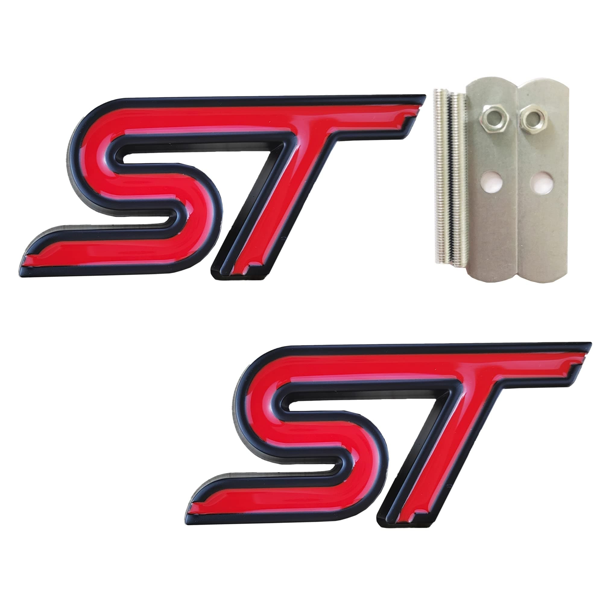 Red 1 Grille ST Emblem Plus 1 ST Badge Decal Sticker Compatible with Pickup and Car 2 Pieccs Metal Black Outline