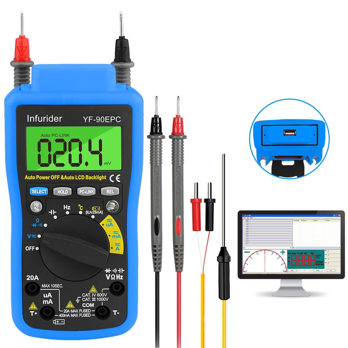 Digital Multimeter,Infurider YF-90EPC 4000 Counts Auto-ranging Voltmeter Ammeter DMM for AC DC Volt,Amp,Ohm,Cap,Temp,Battery Test with USB Connect to PC