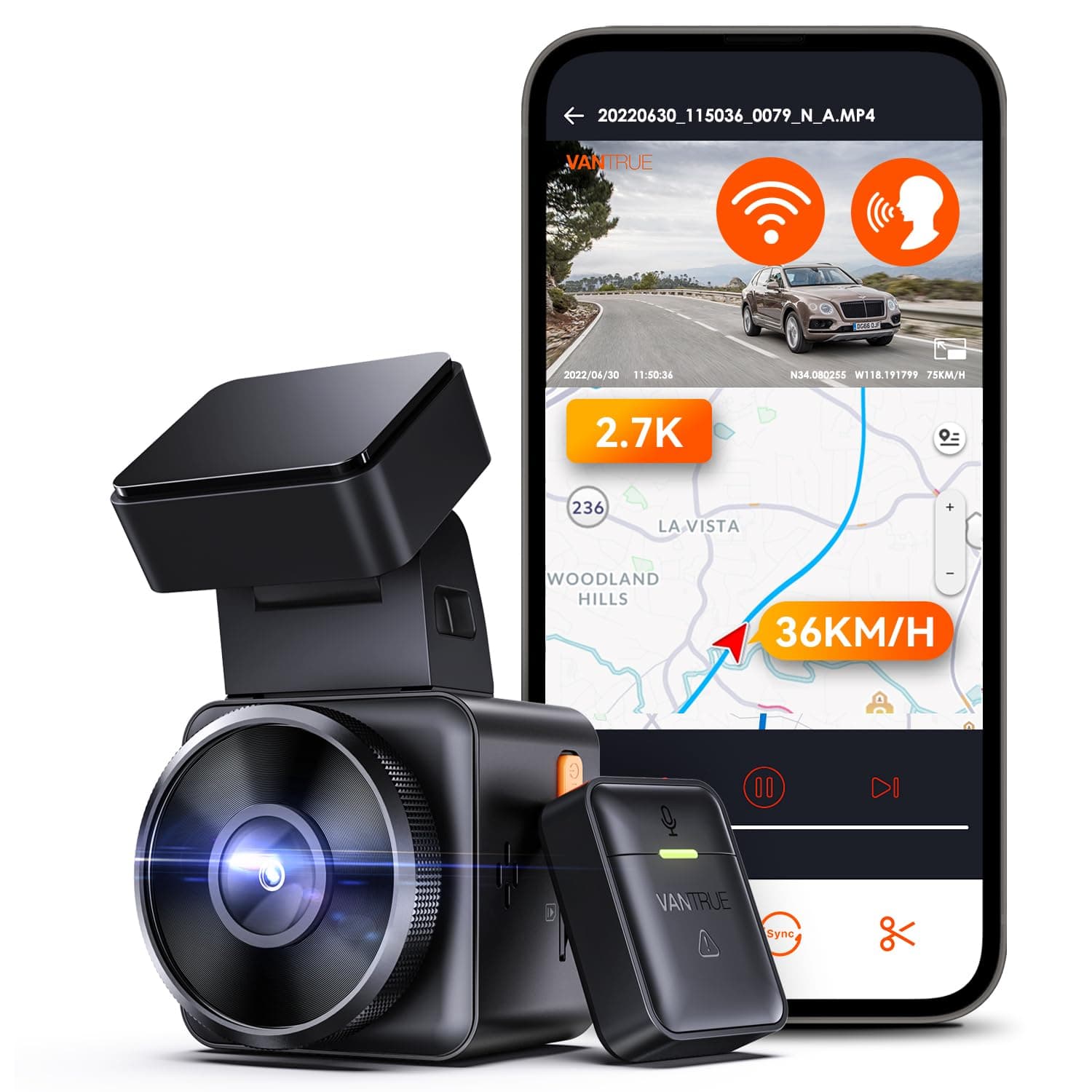 E1 2.7K WiFi Mini Dash Cam with GPS and Speed, Voice Control Front Car Dash Camera, 24 Hours Parking Mode, Night Vision, Buffered Motion Detection, APP, Wireless Controller, Support 512GB Max