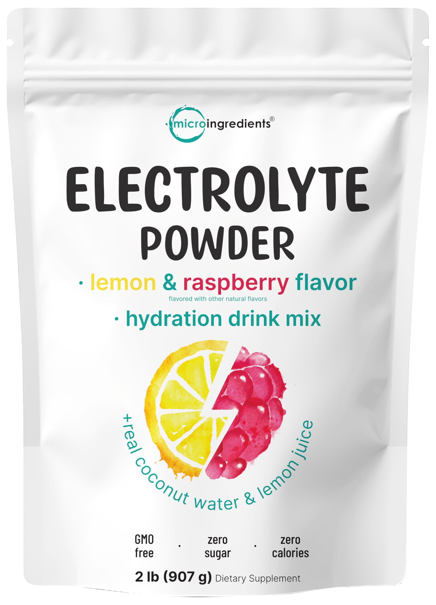 Micro Ingredients Electrolyte Powder, 2 lbs (139 Servings) | Lemon Raspberry Flavor | High Potassium (1,000mg) + Coconut Water & Real Lemon Juice | No Sugar, Keto Friendly | Non-GMO