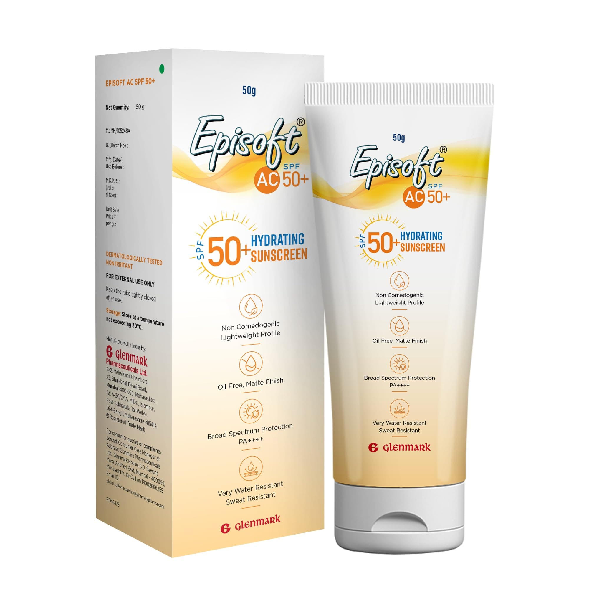 Episoft AC SPF 50 Moisturizing Sunscreen PA++++ | Lightweight, Non-Greasy & Non Adhesive | Matte Finish & Oil-Free Formula, UVA & UVB Protection, Waterproof, Non-Comedogenic |