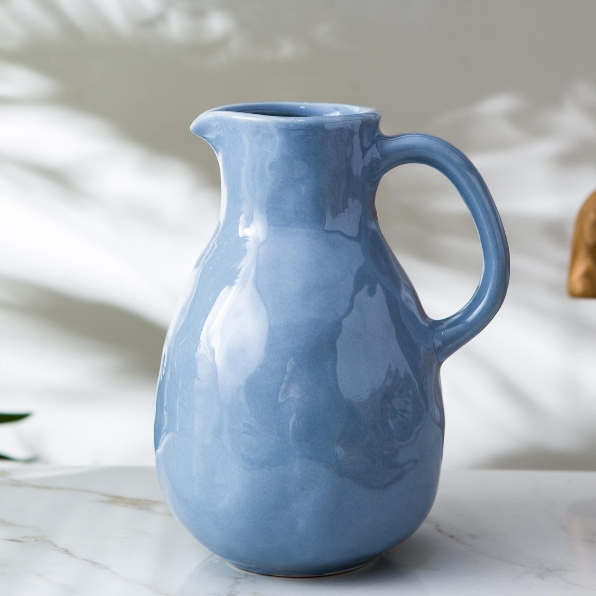 Kimdio Blue Ceramic Vase with Handle, Modern Pitcher Vase for Home Decor, Nordic Pottery Vase, Decorative Flower Vase, Clay Vase, Centerpieces for Living Room