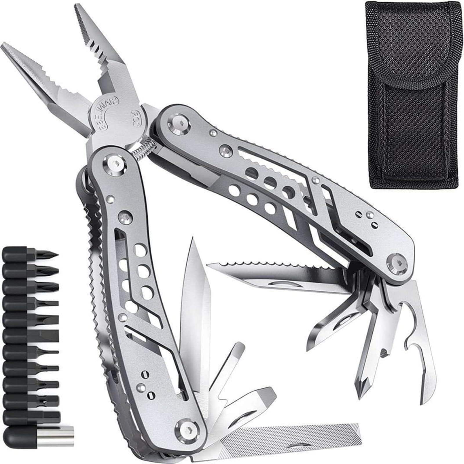 SKYTONE® 24 in 1 Multi-function Plier Tools Made of Stainless Steel with 11 Screwdriver bits with Safety Hook, Bottle Opener, Multifunction Pliers for Outdoor Backpacking & Gifting (24 In 1)
