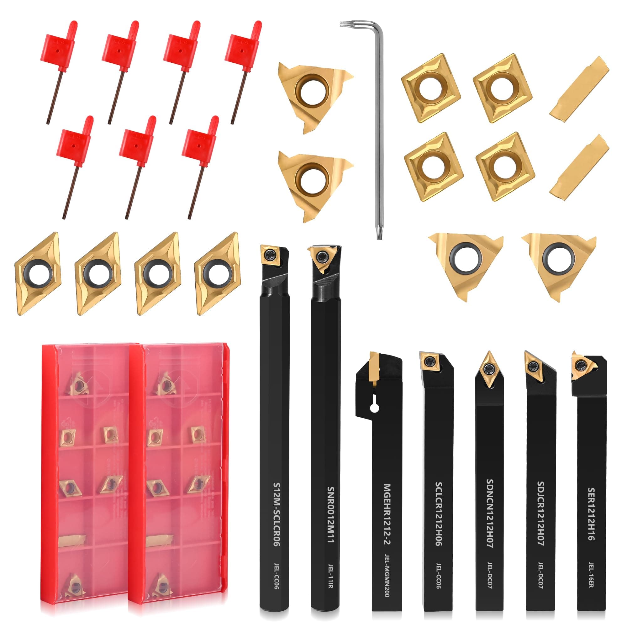 21PCS Indexable Lathe Turning Tools Set 1/2" 12mm Shanks,7Pcs Metal Turning Tool Holders & 14Pcs Carbide Inserts for Turning,Grooving,Threading,Boring bar,and Cutting Tool