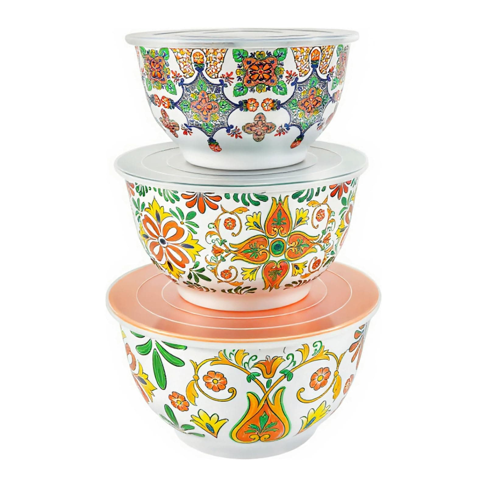 Large Mixing Bowl Set with Lids, Melamine Nesting Bowls Set for Pasta Baking Salad Mixing, Set of 3, Aztec Bloom