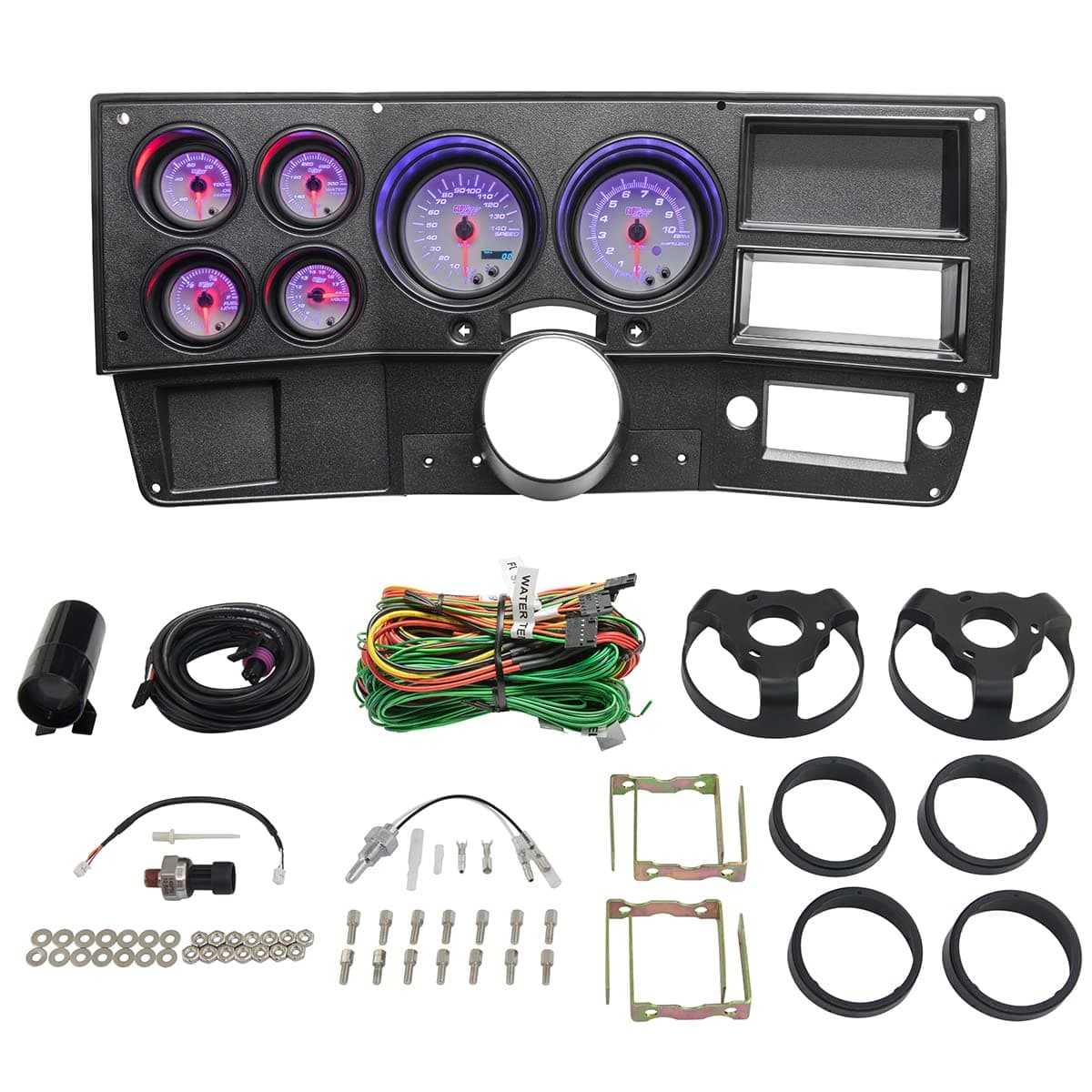 GlowShift 6-Gauge Cluster Package Compatible with Chevy C10 1973-1987 - White 7 Color Speedometer, Tach, Oil Pressure, Water Coolant Temp, Fuel Level & Volt Gauges - Direct Fit Dashboard Panel Pod