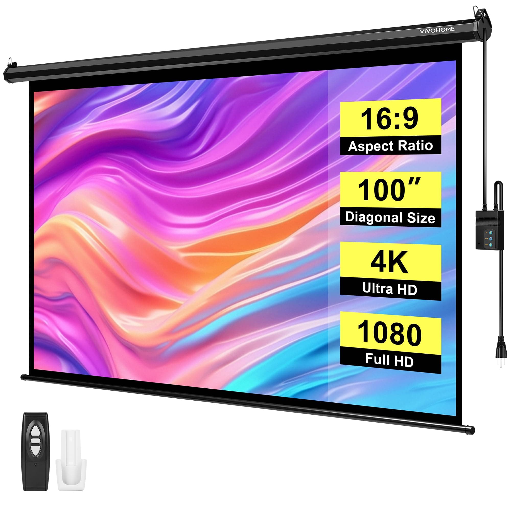 VIVOHOME Motorized Projector Screen with Remote, 16:9 100 Inch Auto Electric Projection Screen, HD 4K Movie Screen for Home Theater, Cinema, Office (87 x 49 Black)