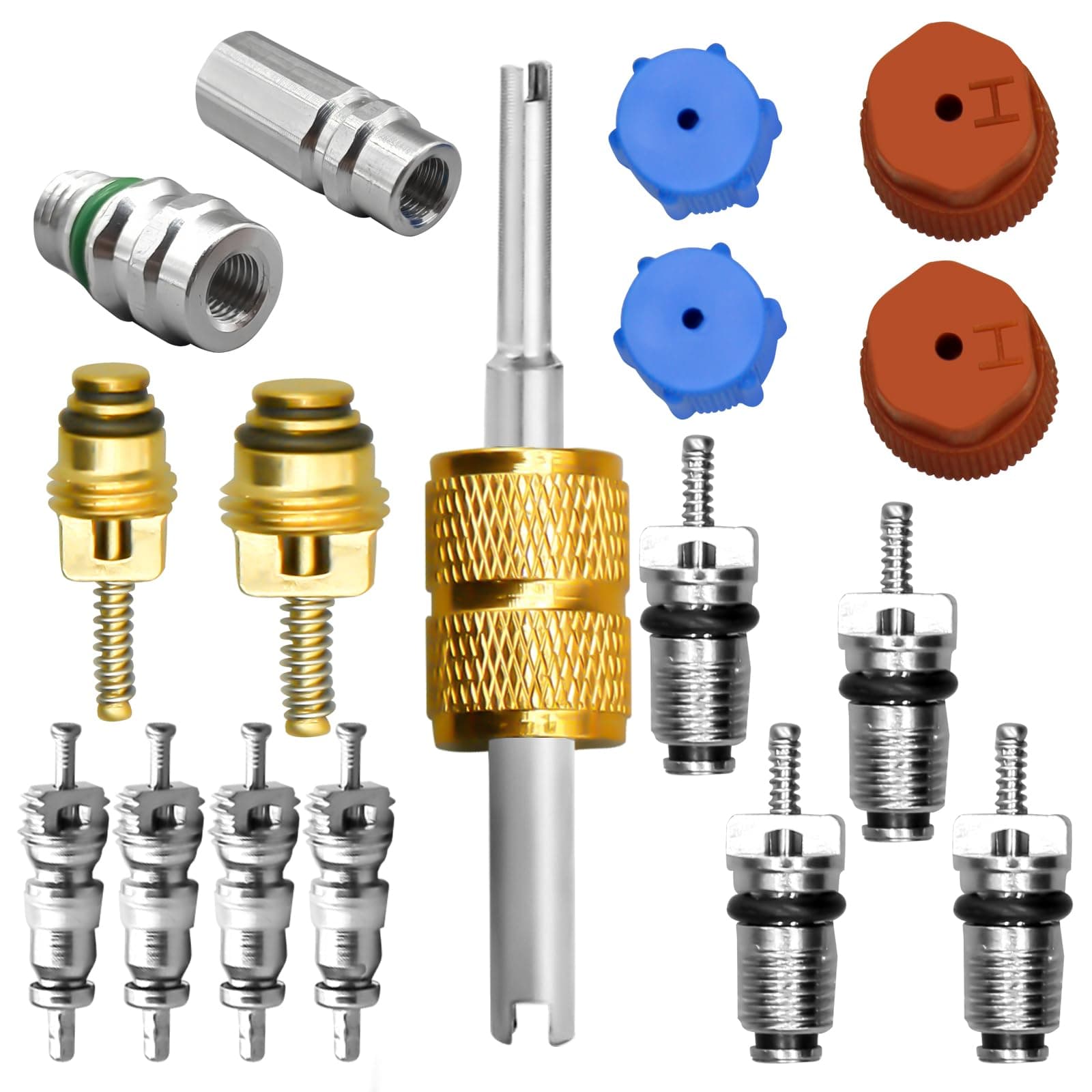 – 17 Pcs Air Conditioning Valve Core Kit,A/C Refrigeration System R12 & R134a Valve Core AC Service Port Seal Cap Valve Stem Core Removal Tool A/C Service Valves for Car Air Conditioning Repair Parts